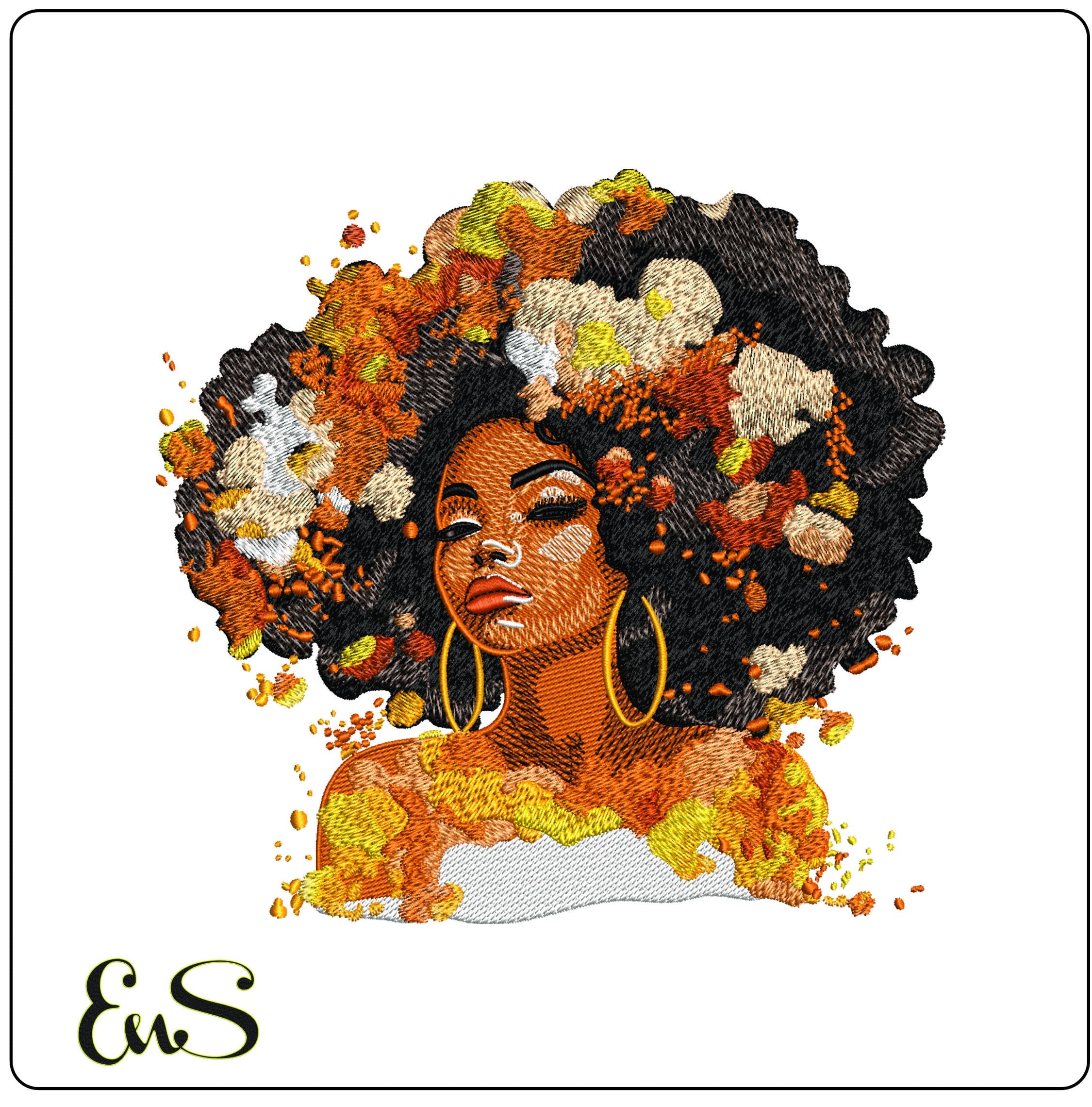 Lady with Afro and flowers- Elegant embroidery design file - instant download