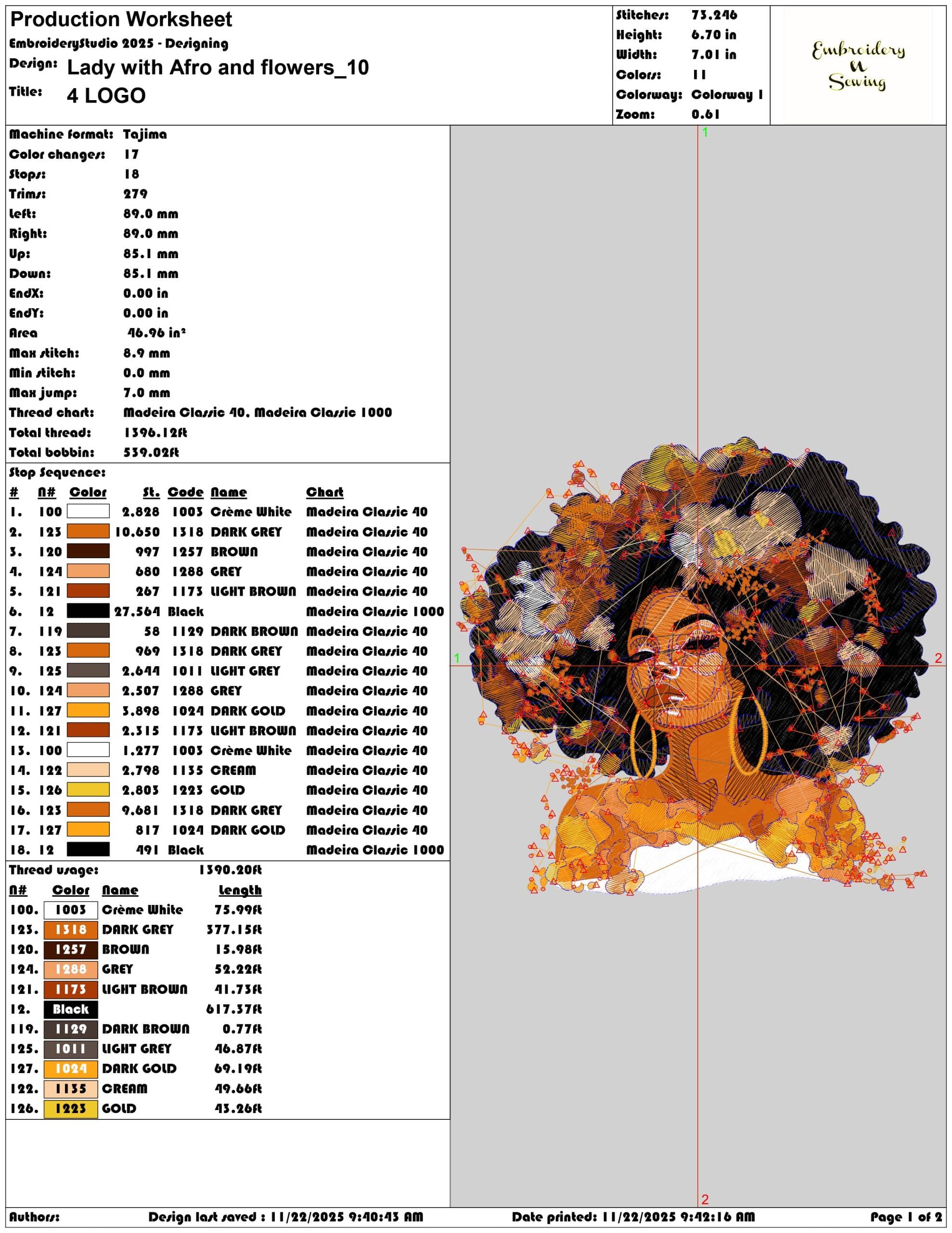 Lady with Afro and flowers- Elegant embroidery design file - instant download — view 3