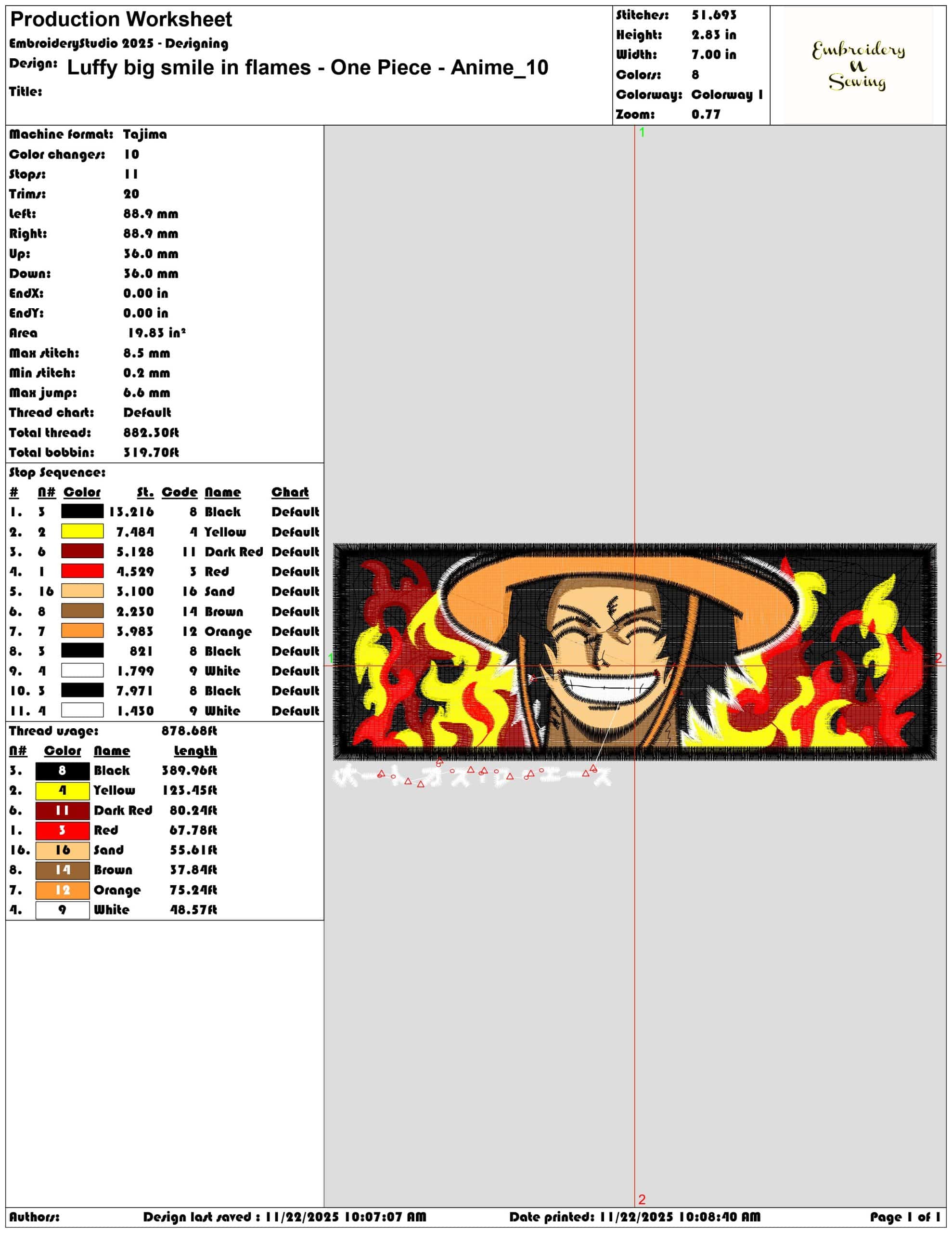 Luffy big smile in flames One Piece Anime- Elegant embroidery design file - instant download — view 3