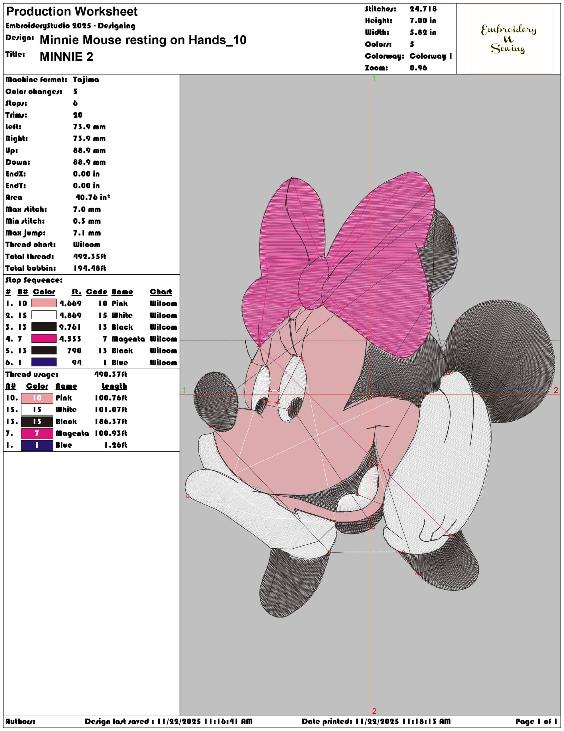 Minnie Mouse resting on Hands - Elegant embroidery design file - instant download — view 3