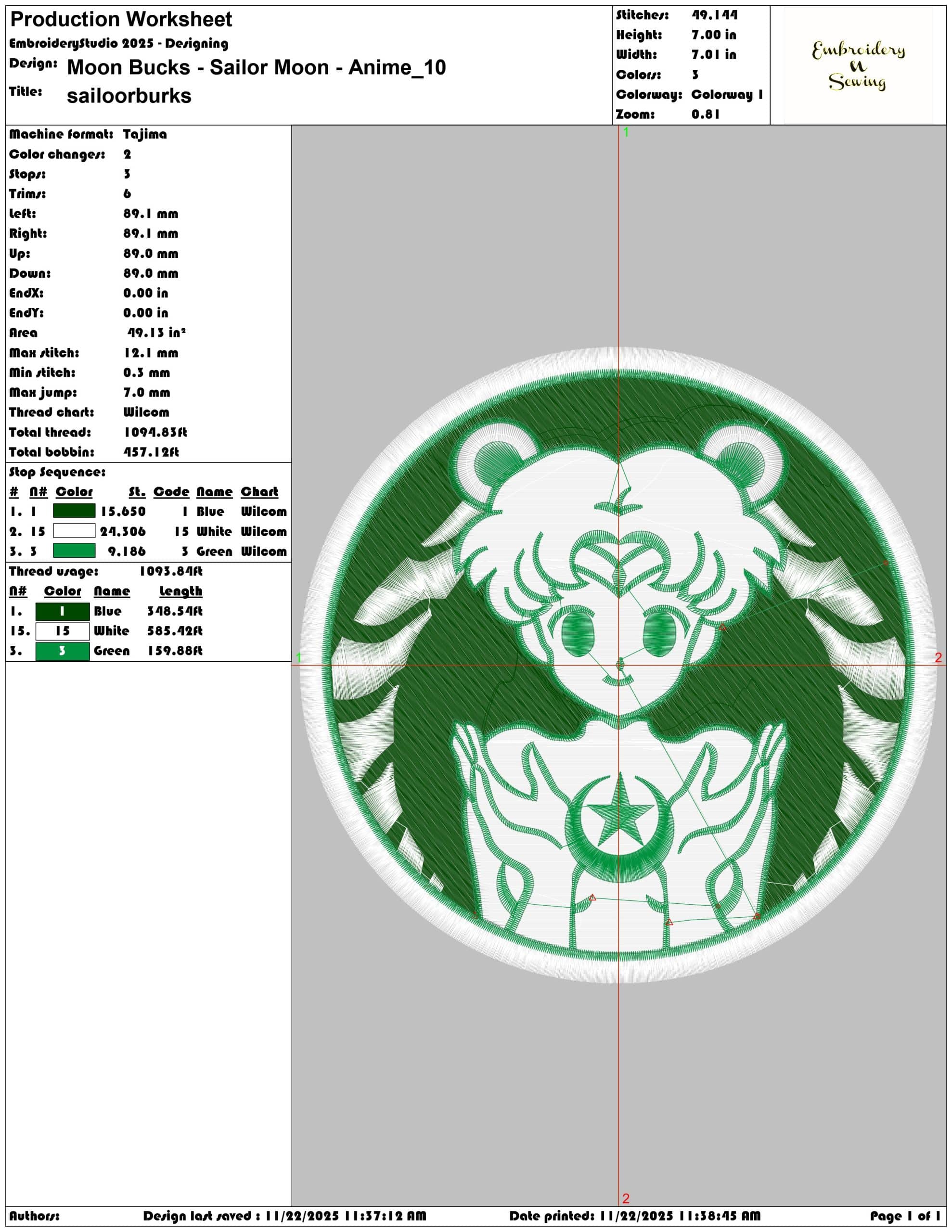 Moon Bucks Sailor Moon Anime - Elegant embroidery design file - instant download — view 3