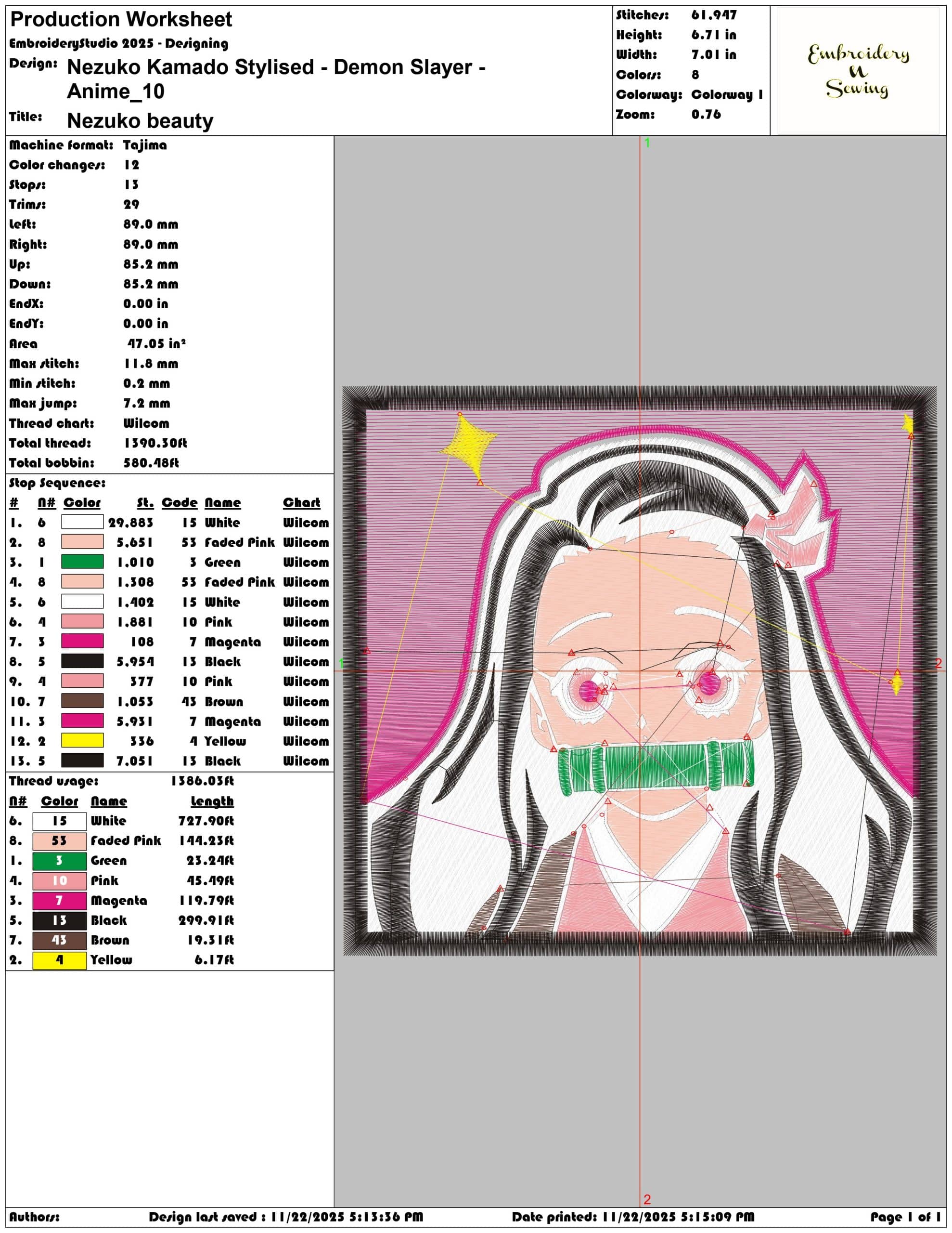 Nezuko Kamado Stylised Demon Slayer Anime- Elegant embroidery design file - instant download — view 3