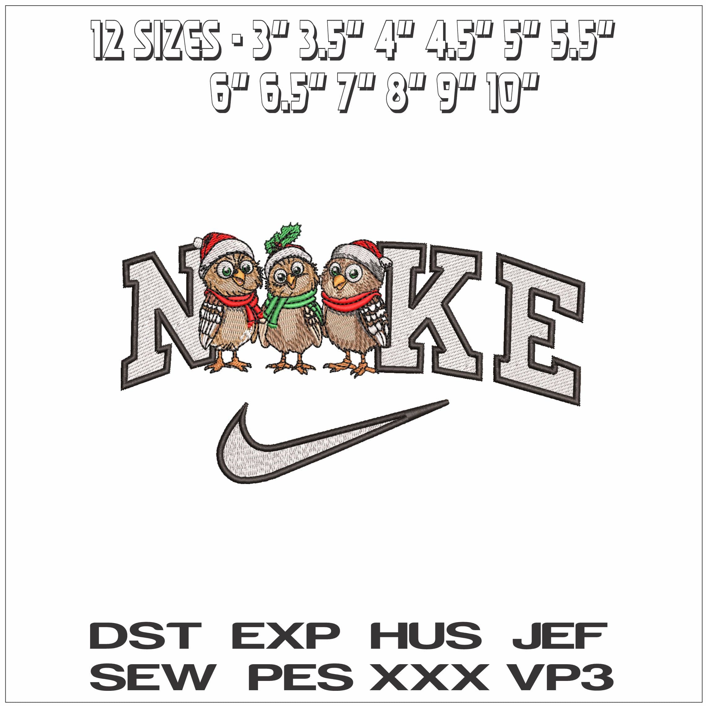 Nike 3 Christmas Owls- Elegant embroidery design file - instant download — view 2