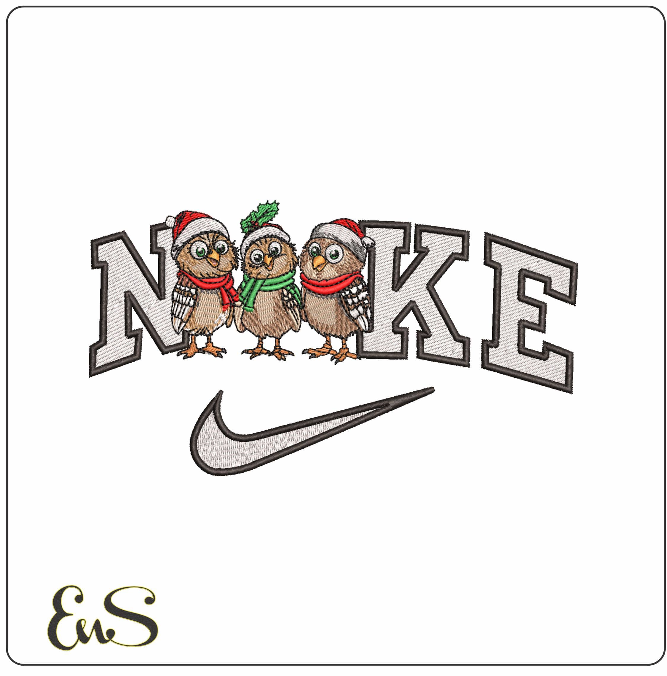 Nike 3 Christmas Owls- Elegant embroidery design file - instant download