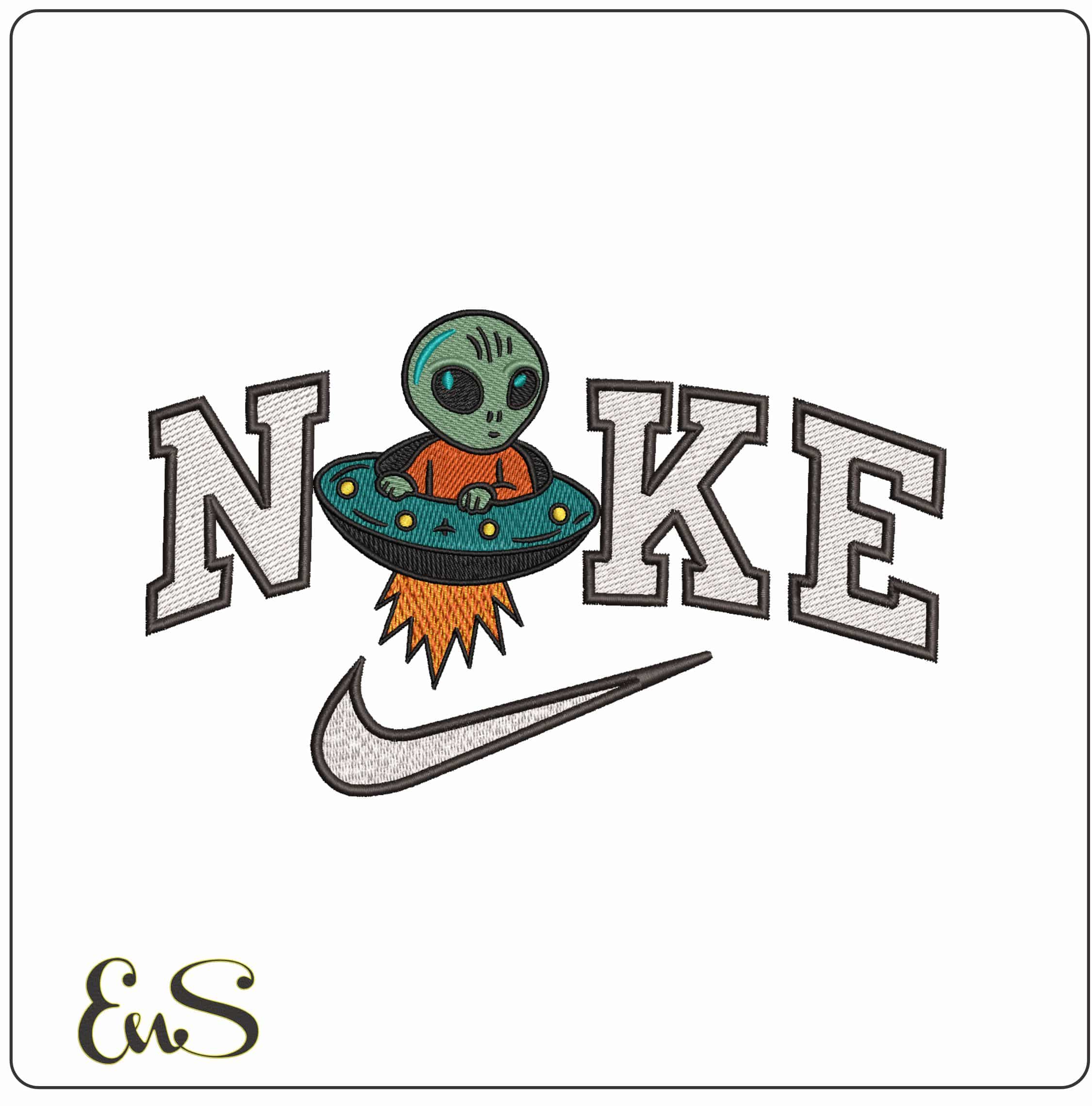 Nike Alien in Spaceship- Elegant embroidery design file - instant download