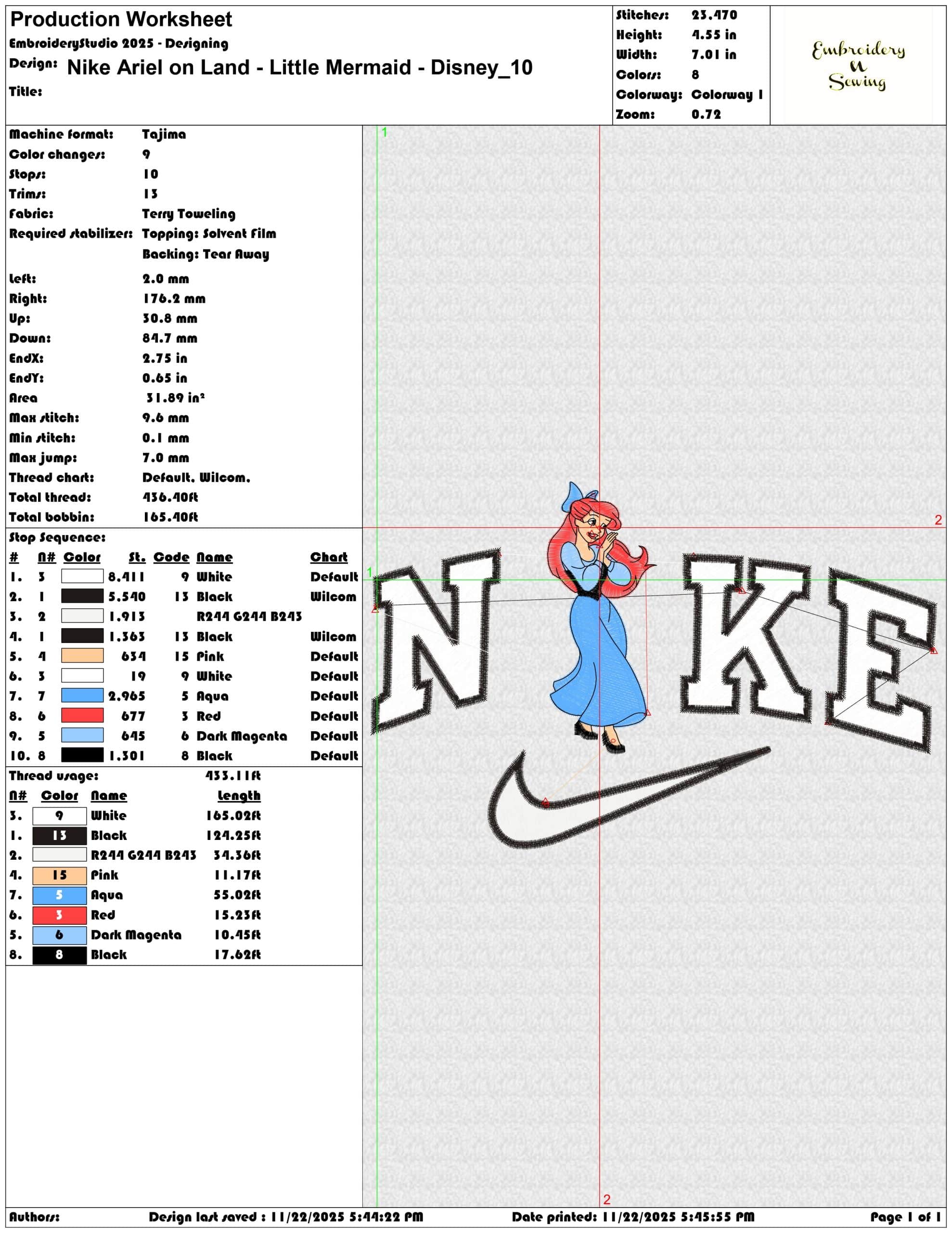 Nike Ariel on Land Little Mermaid Disney - Elegant embroidery design file - instant download — view 3