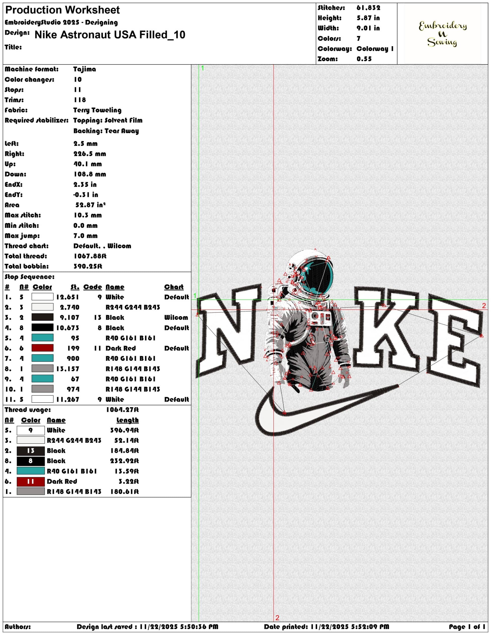 Nike Astronaut USA Filled - Elegant embroidery design file - instant download — view 3