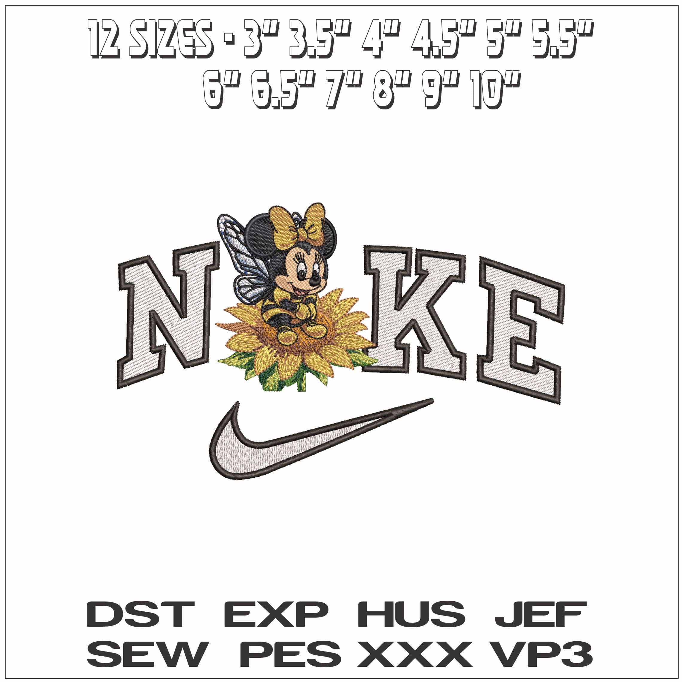 Nike Baby Bee Minnie Mouse on Sun Flower - Elegant embroidery design file - instant download — view 2
