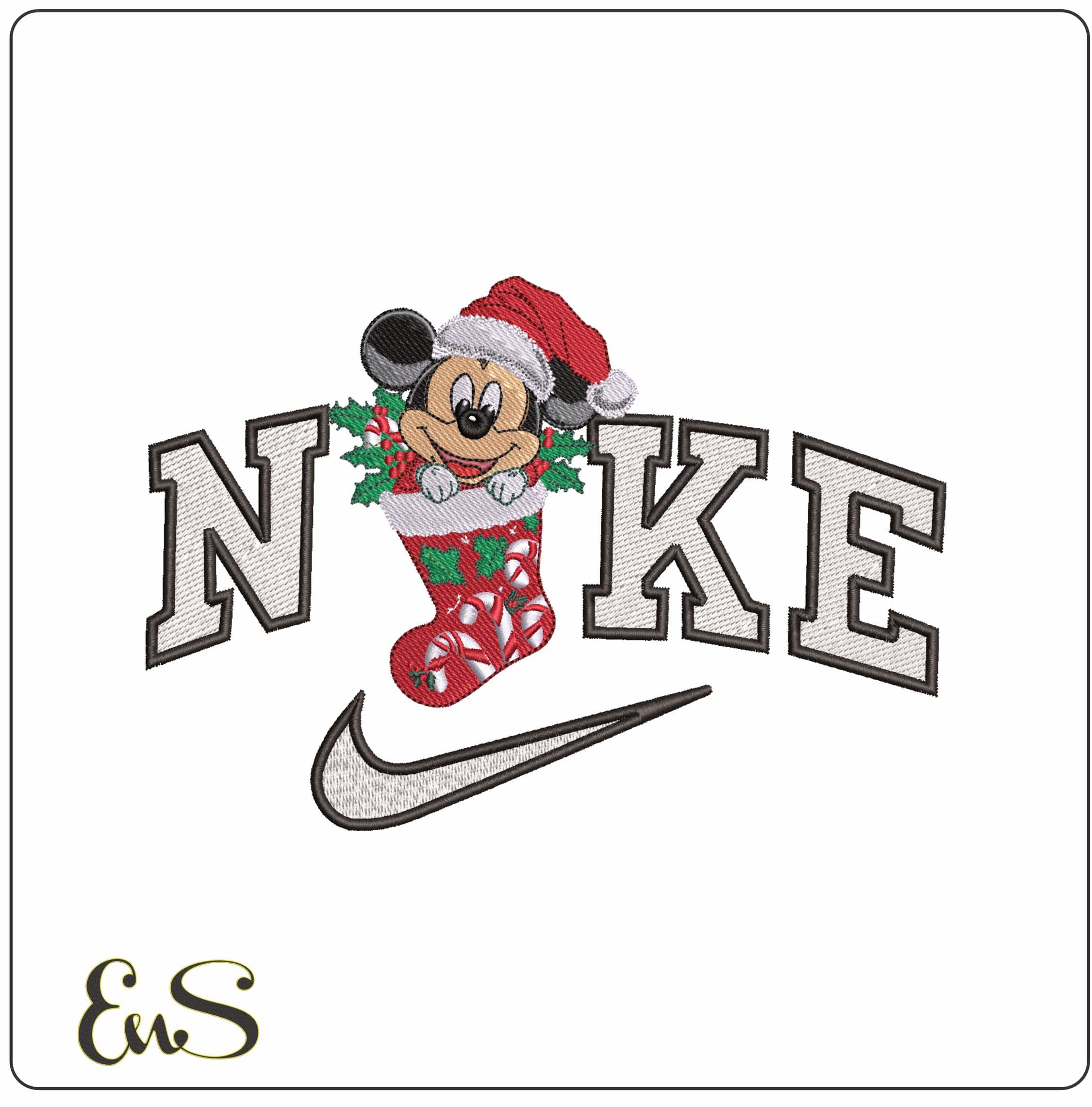 Nike Baby Mickey Mouse in Christmas Stocking - Elegant embroidery design file - instant download