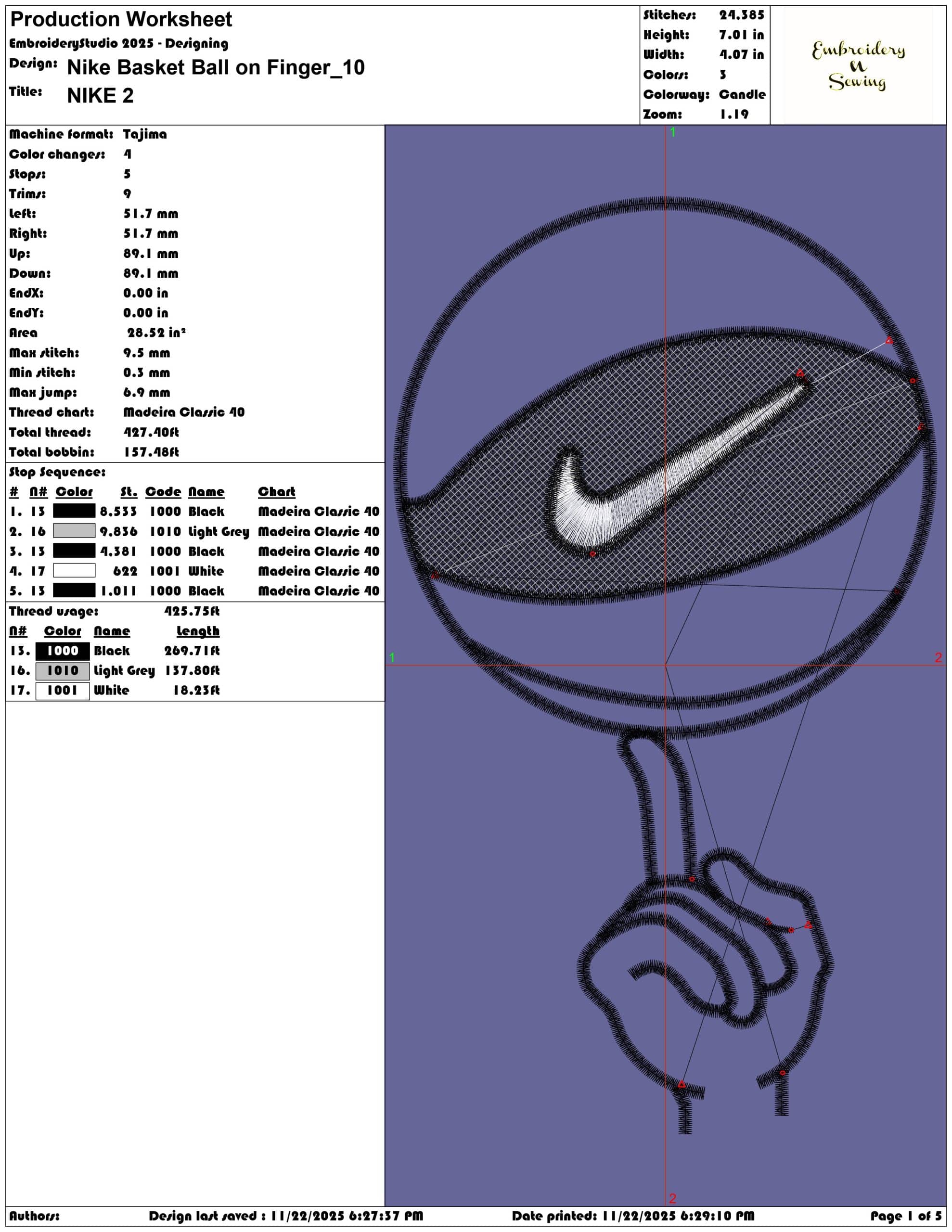 Nike Basket Ball on Finger - Elegant embroidery design file - instant download — view 3