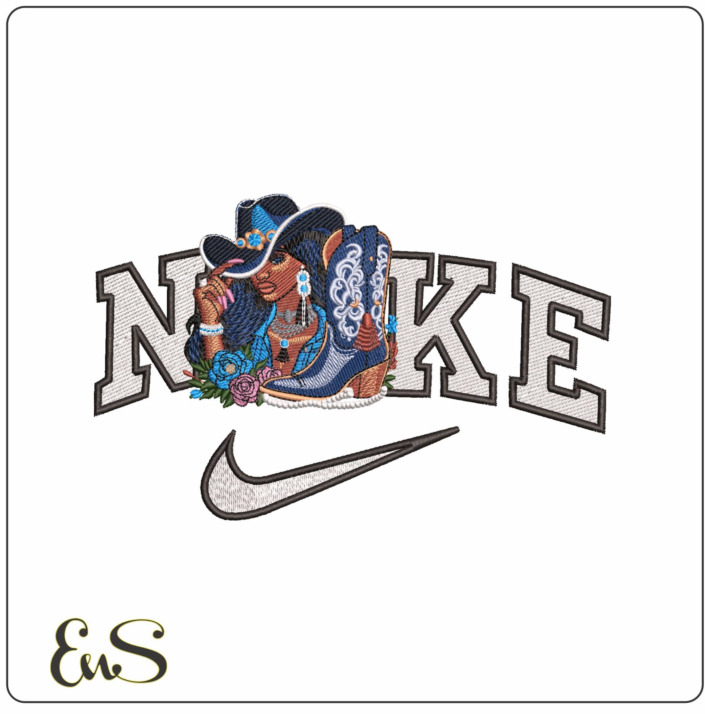 Nike Black Lady in Cowboy hat with Boots - Elegant embroidery design file - instant download