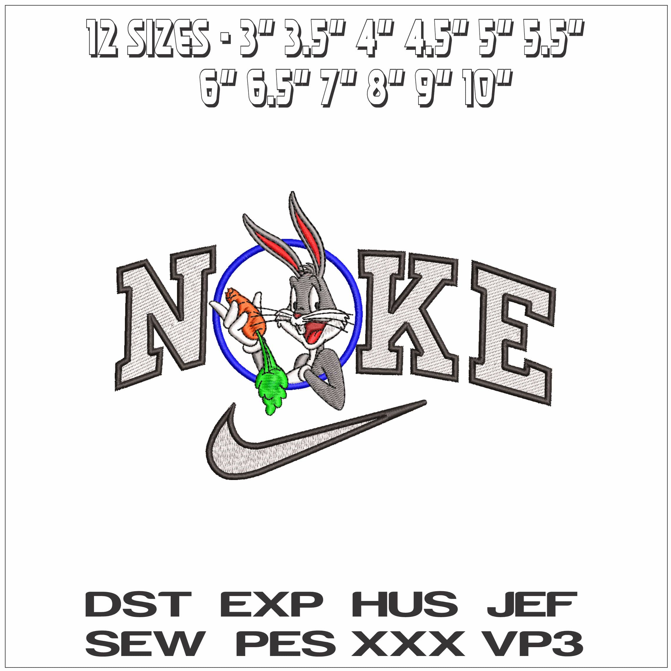 Nike Buggs Bunny Eating Carrot through Loop - Elegant embroidery design file - instant download — view 2