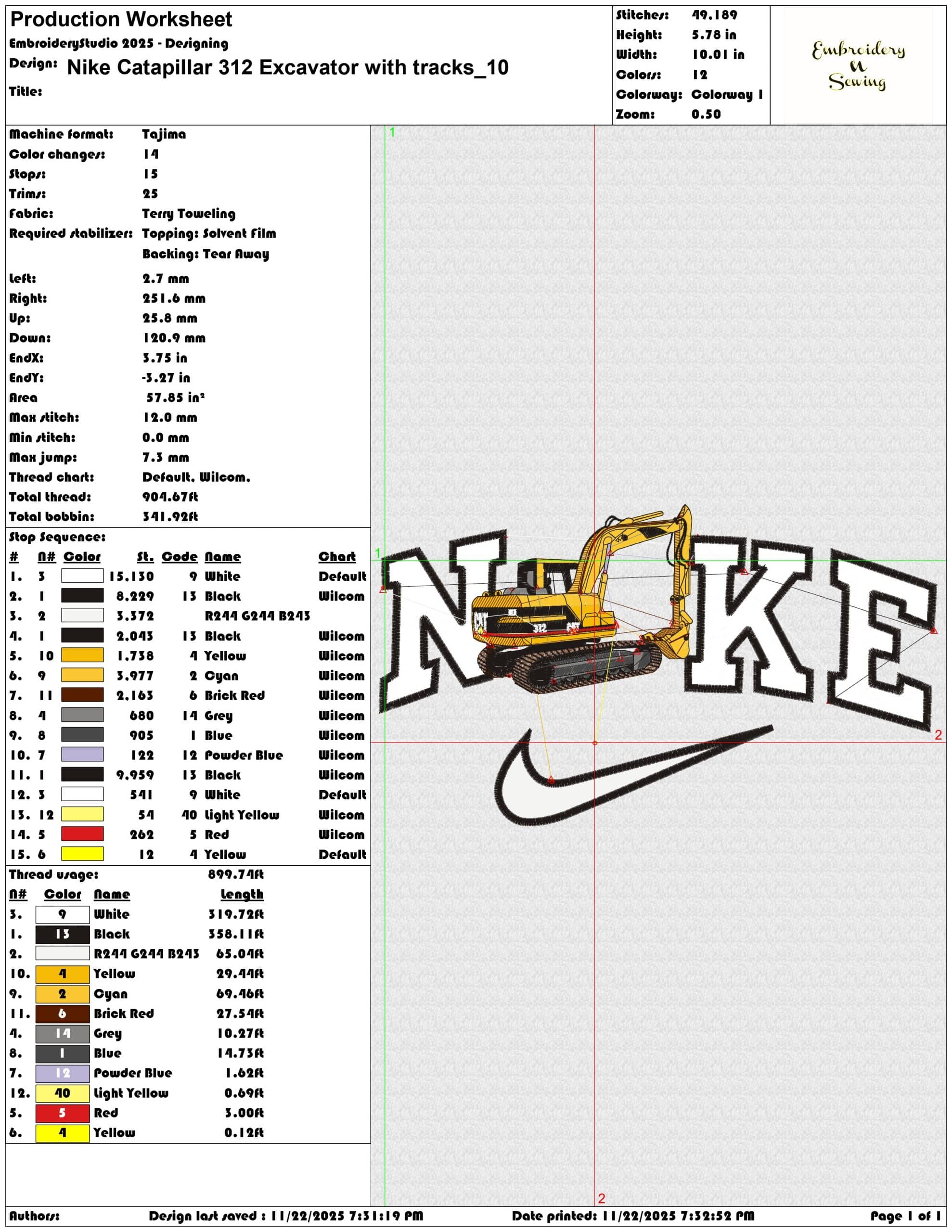 Nike Catapillar 312 Excavator with tracks - Elegant embroidery design file - instant download — view 3