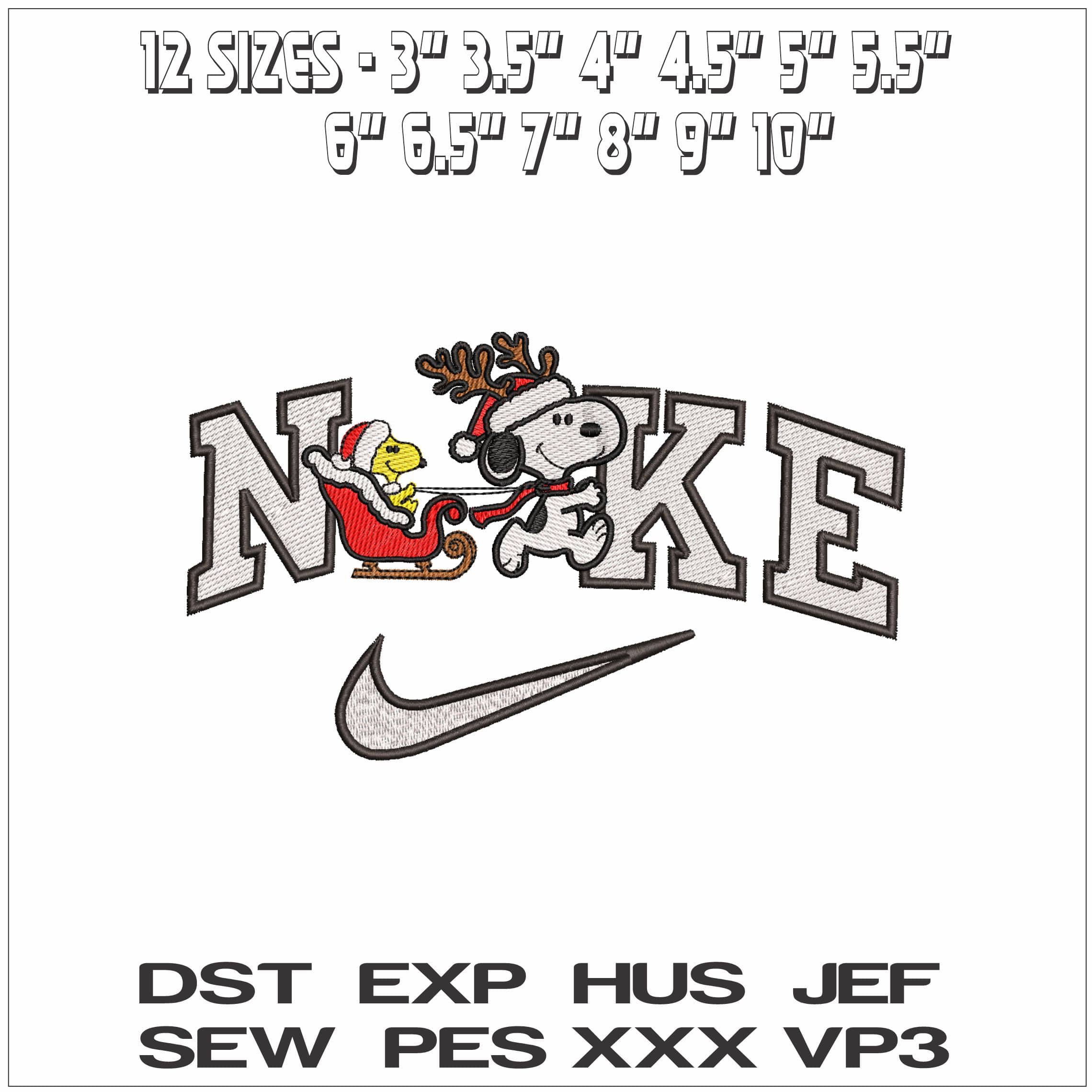 Nike Christmas Sleigh Woodstock and Snoopy - Elegant embroidery design file - instant download — view 2