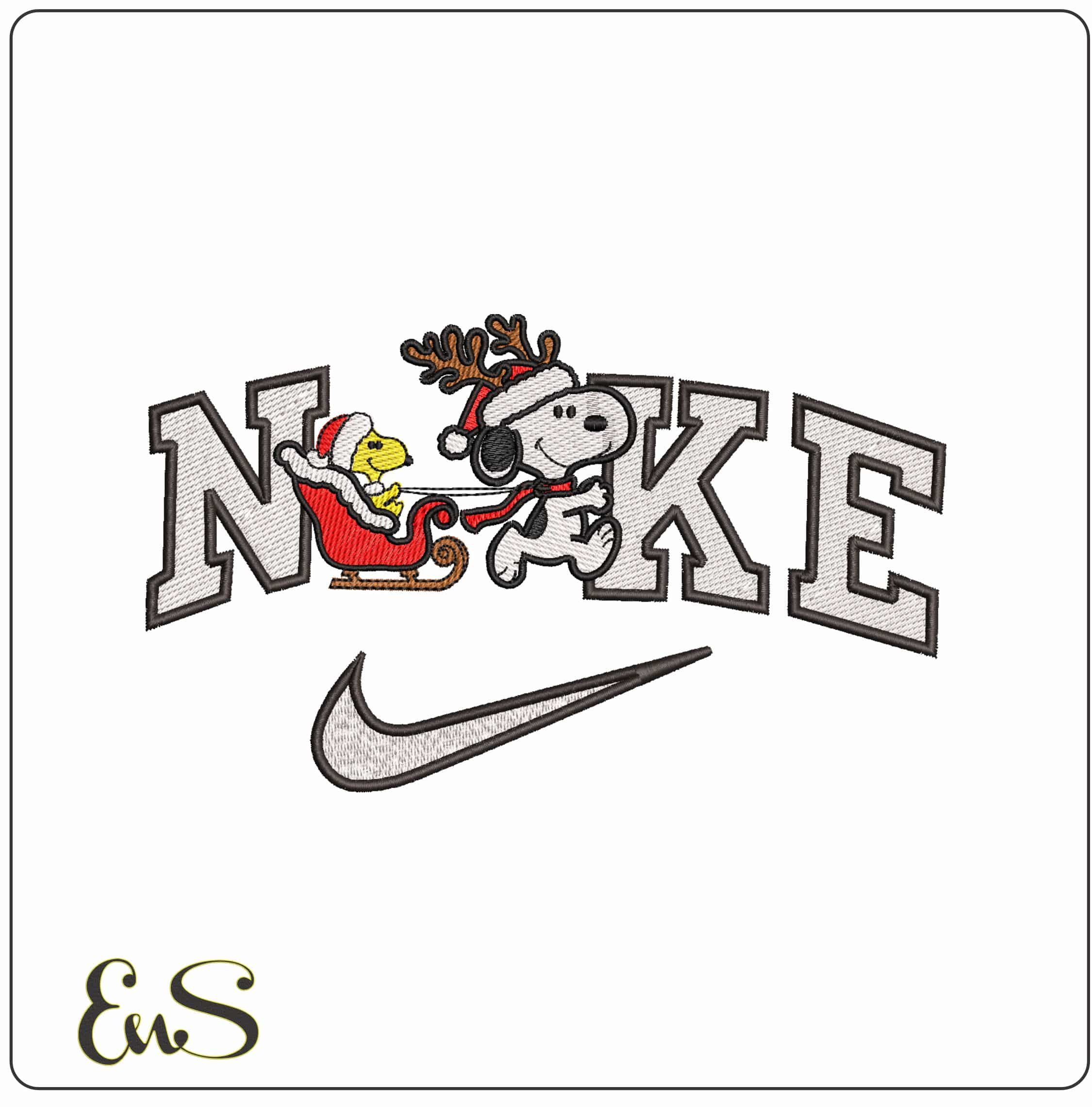Nike Christmas Sleigh Woodstock and Snoopy - Elegant embroidery design file - instant download