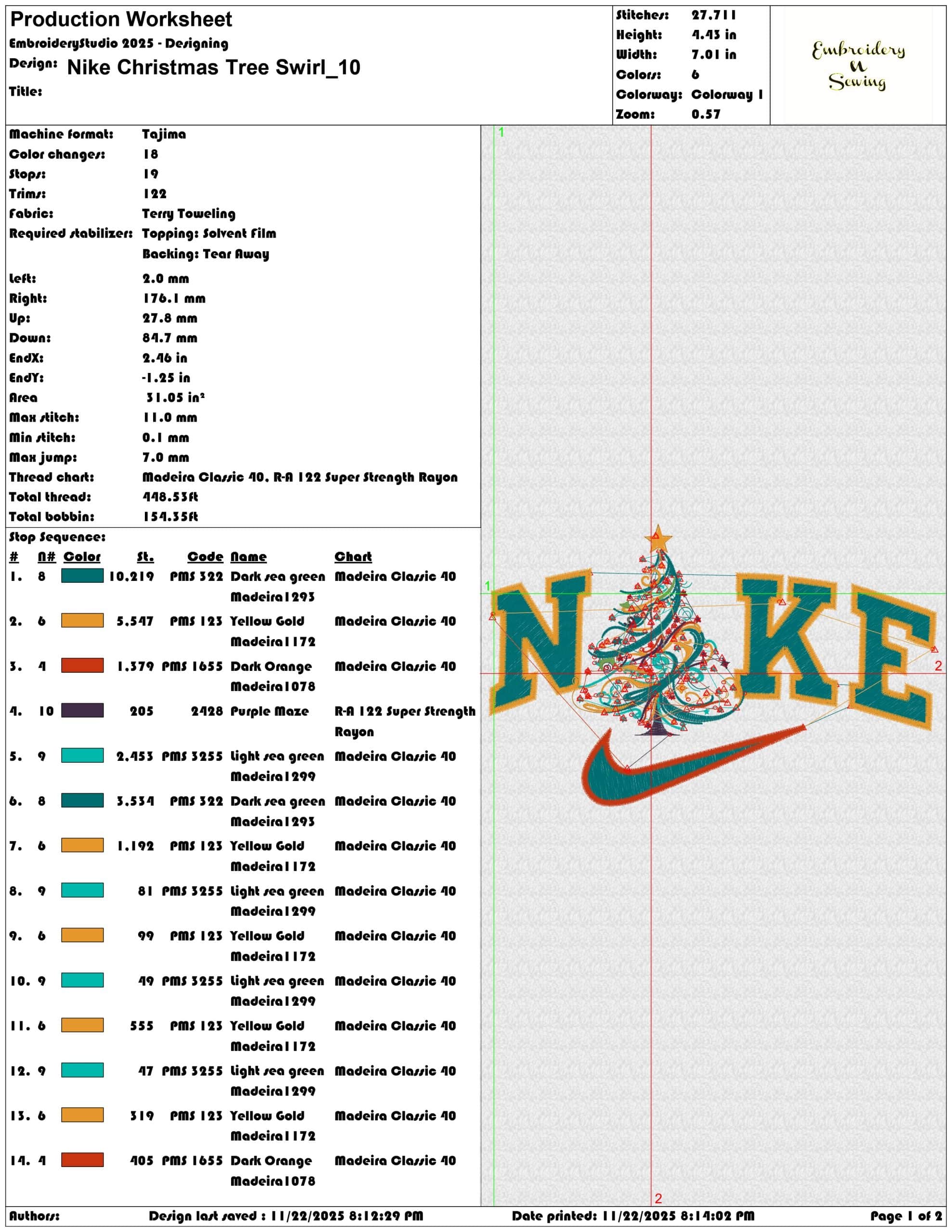 Nike Christmas Tree Swirl - Elegant embroidery design file - instant download — view 3