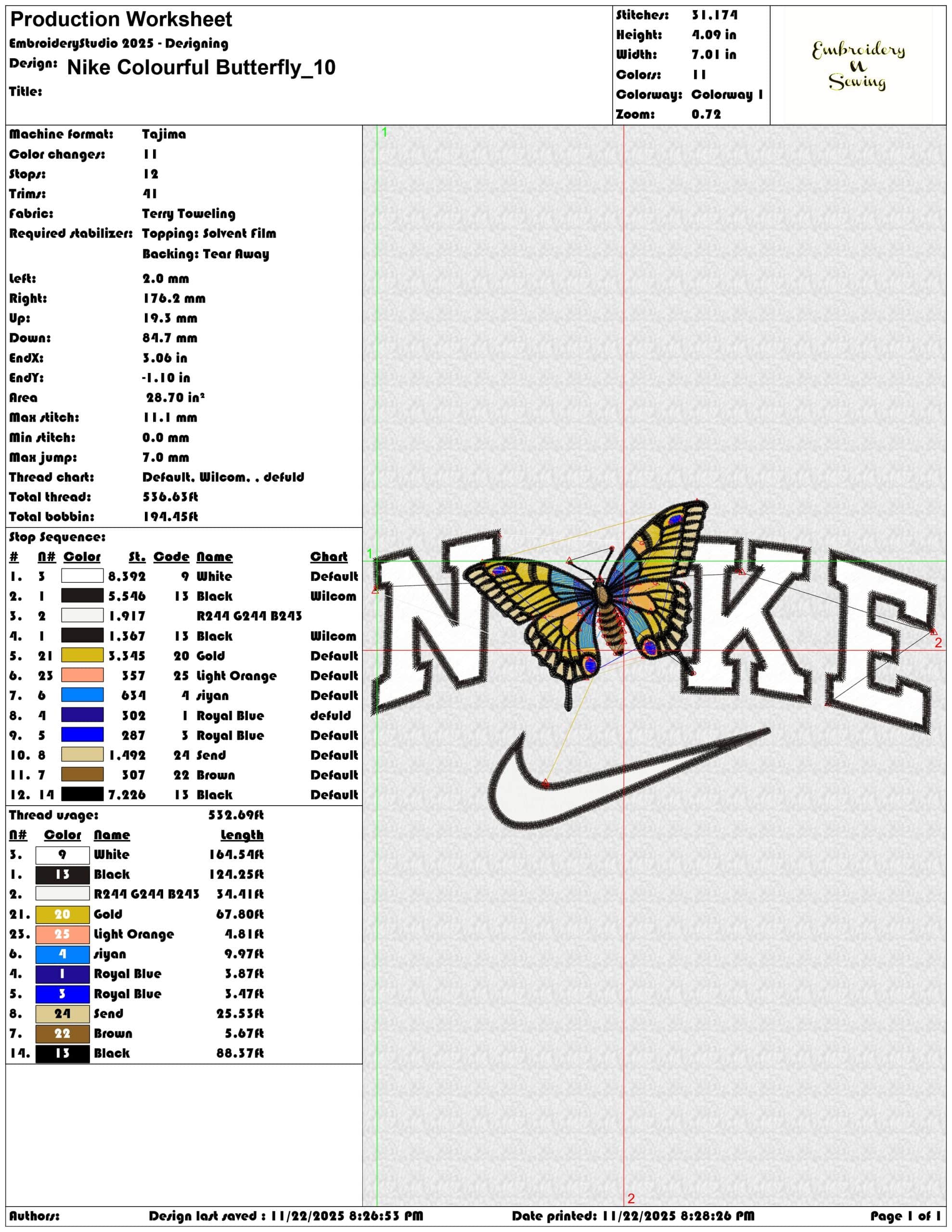 Nike Colourful Butterfly - Elegant embroidery design file - instant download — view 3