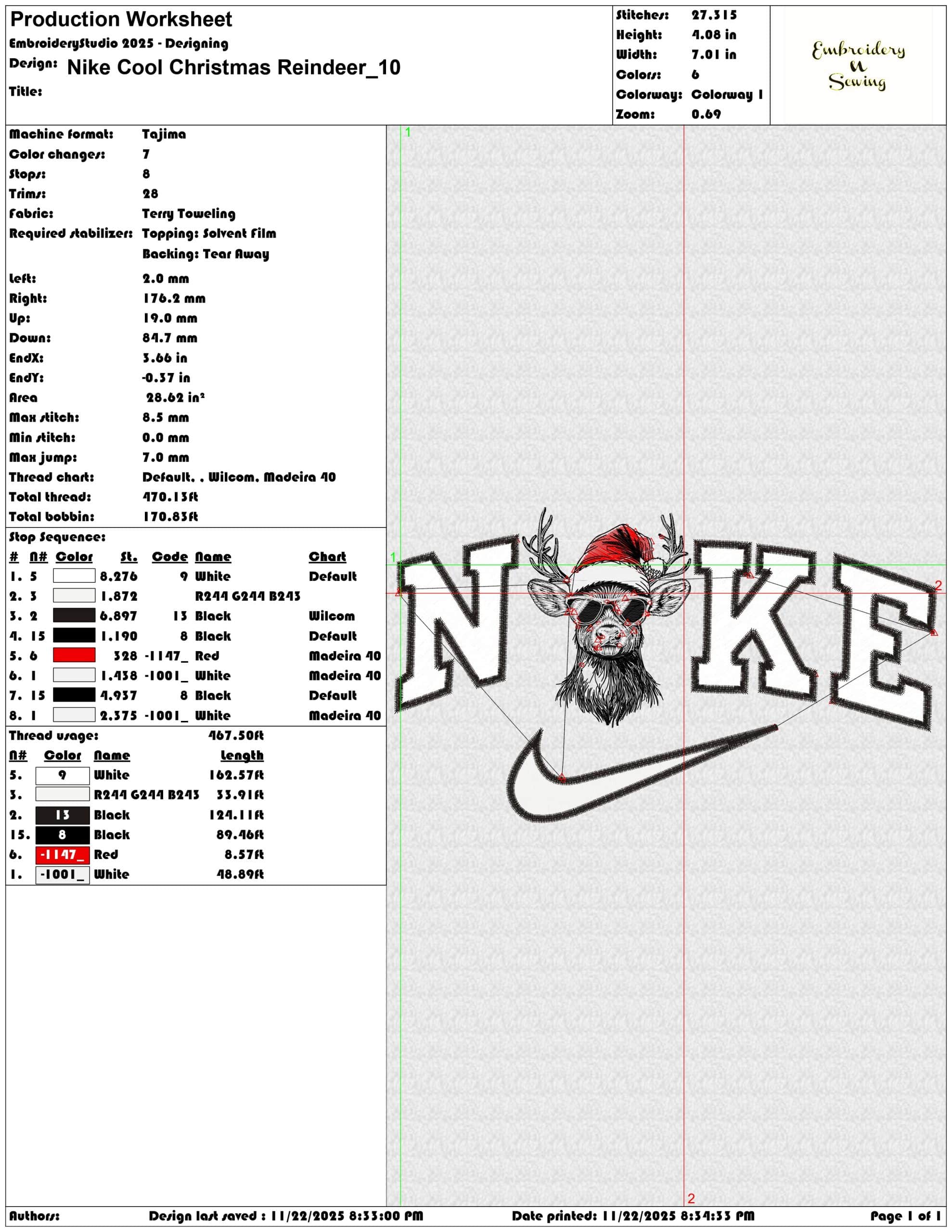 Nike Cool Christmas Reindeer - Elegant embroidery design file - instant download — view 3