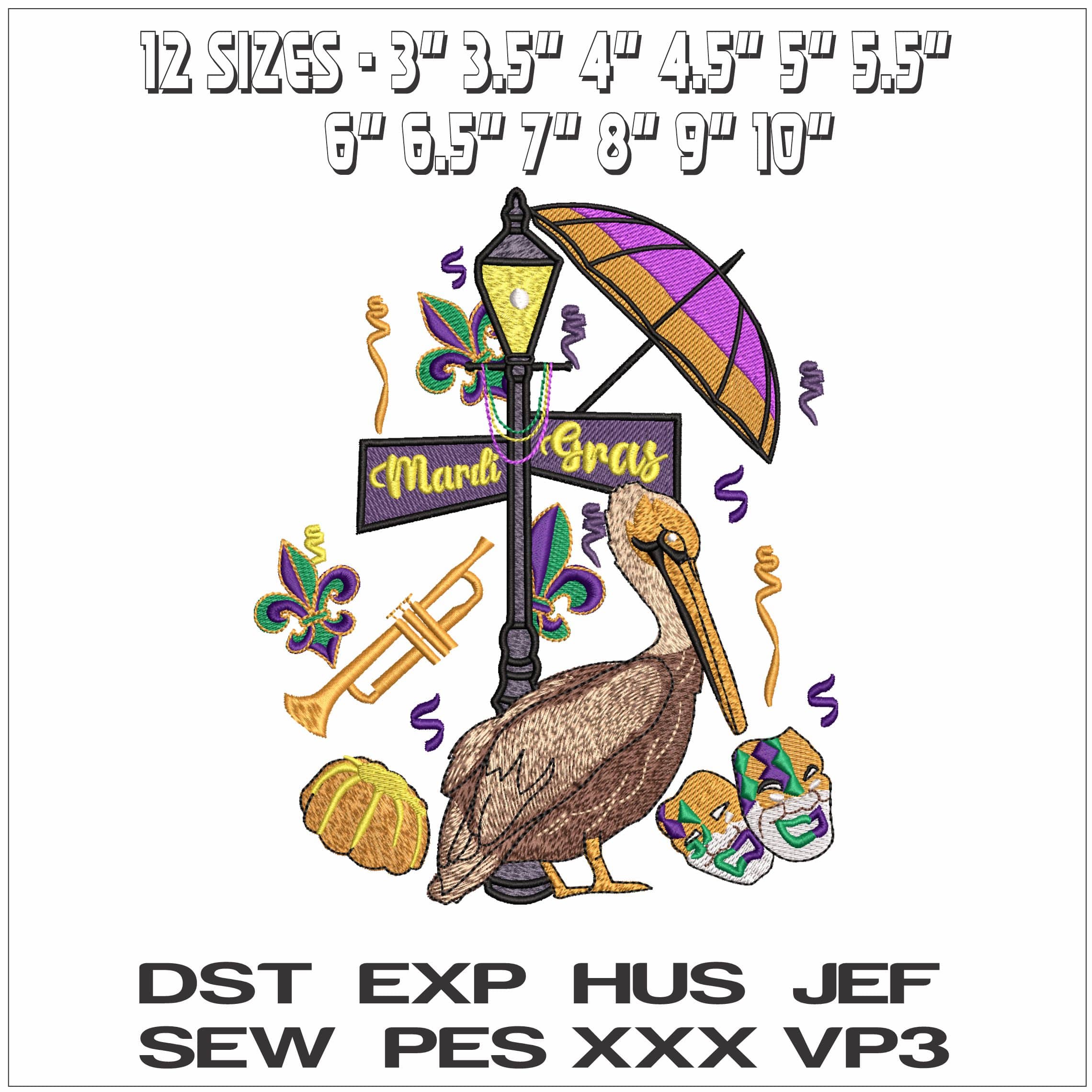 New Orleans Mardi Gras Pelican - Elegant embroidery design file - instant download — view 2
