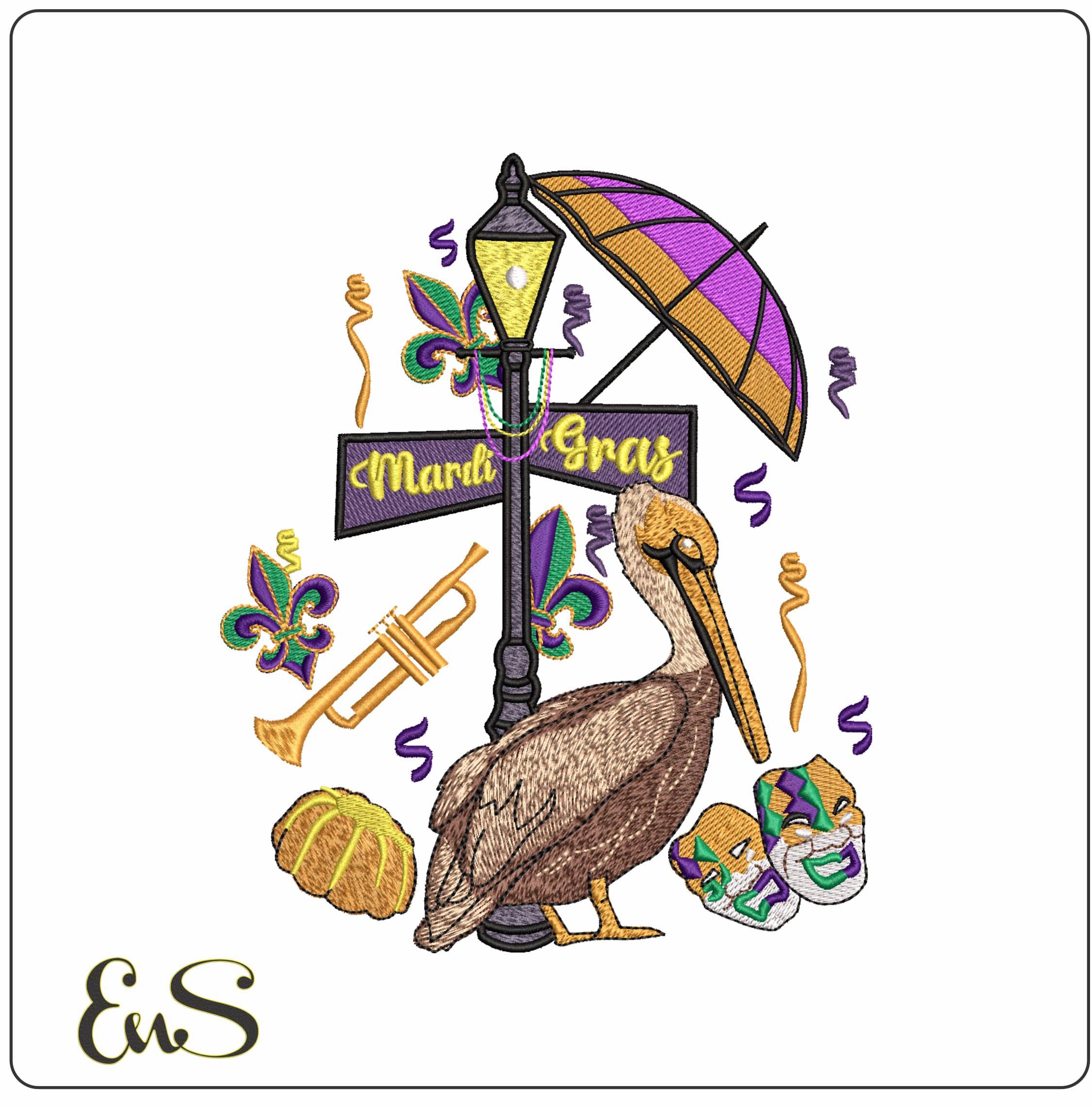 New Orleans Mardi Gras Pelican - Elegant embroidery design file - instant download
