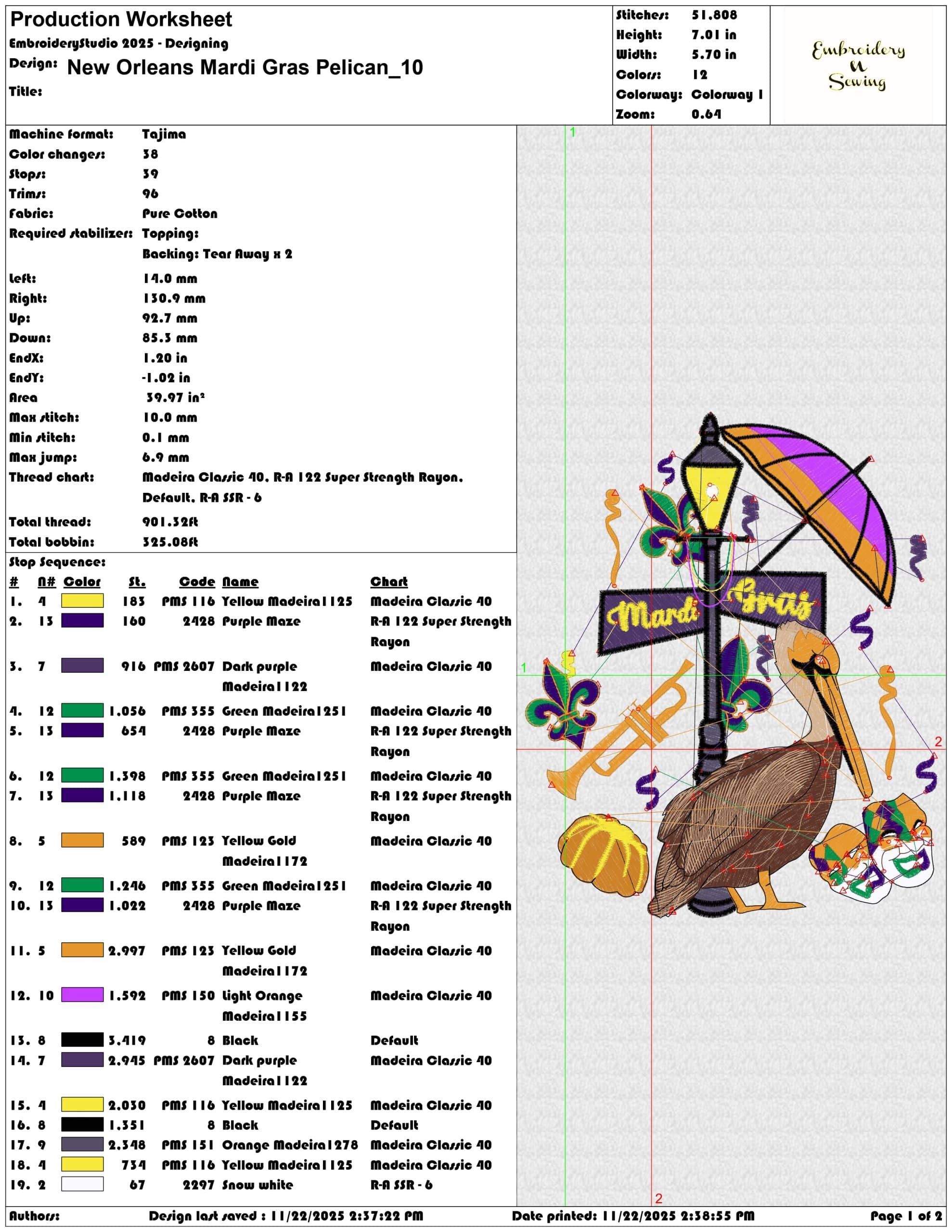 New Orleans Mardi Gras Pelican - Elegant embroidery design file - instant download — view 3