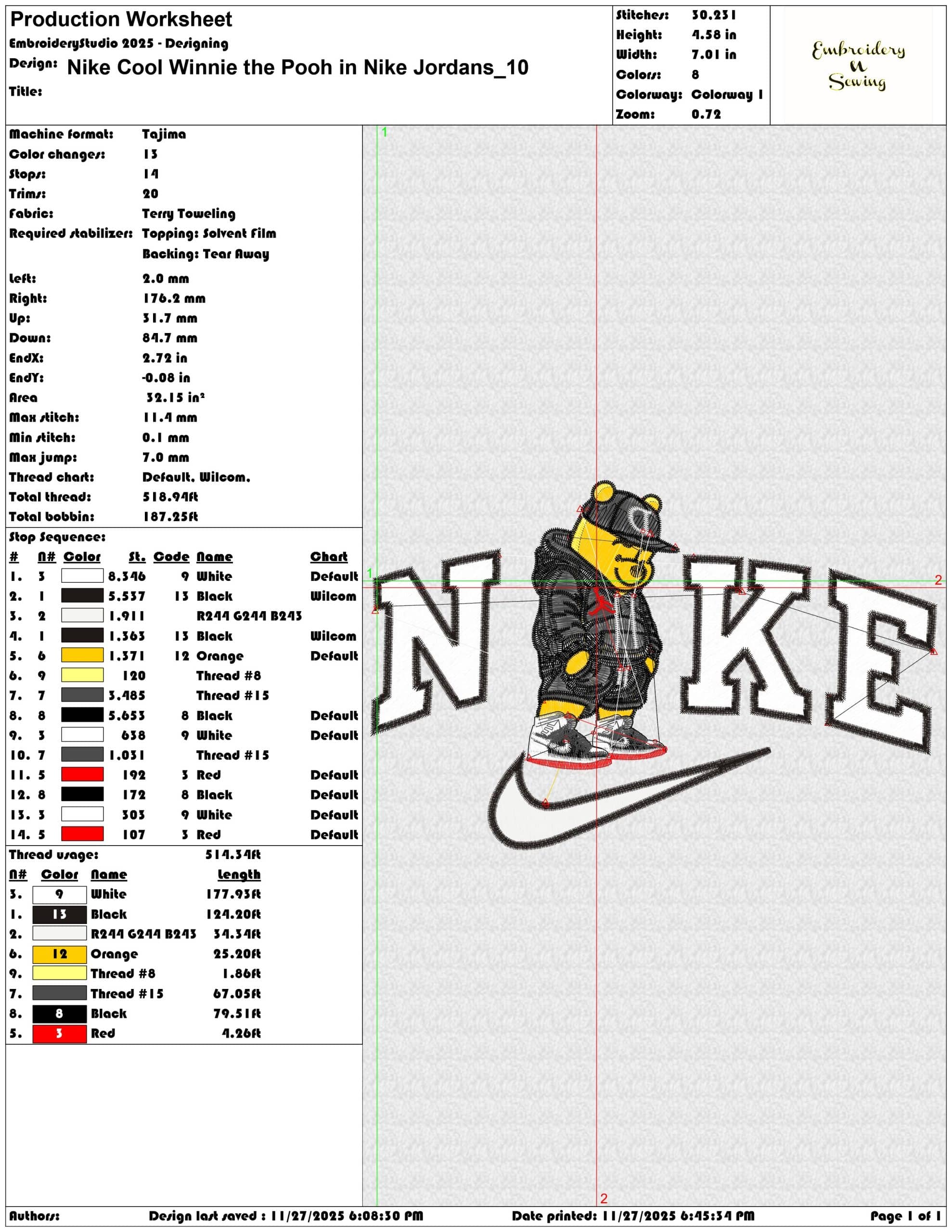 Nike Cool Winnie the Pooh in Nike Jordans - Elegant embroidery design file - instant download — view 3