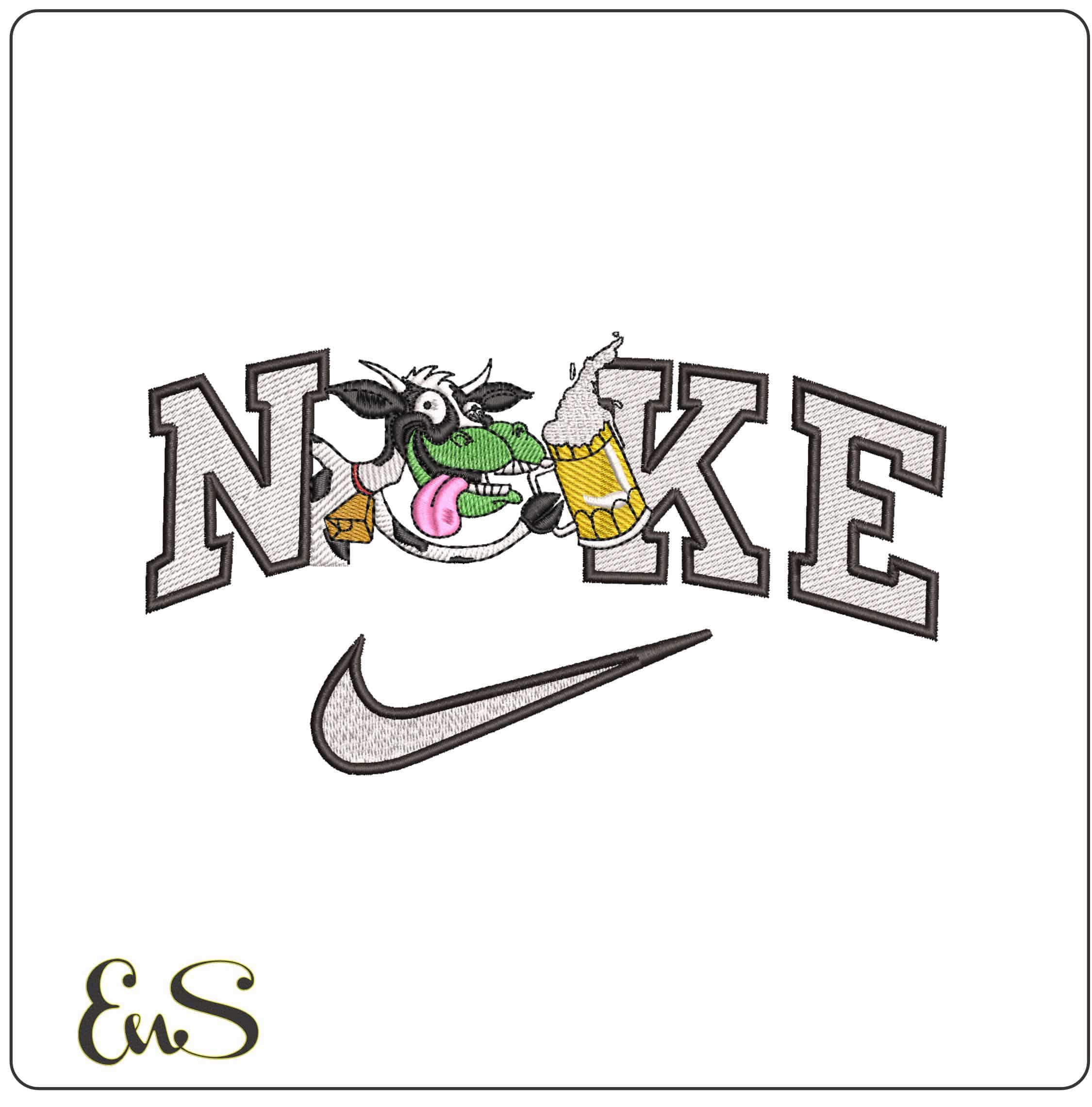 Nike Cow with a Beer - Elegant embroidery design file - instant download