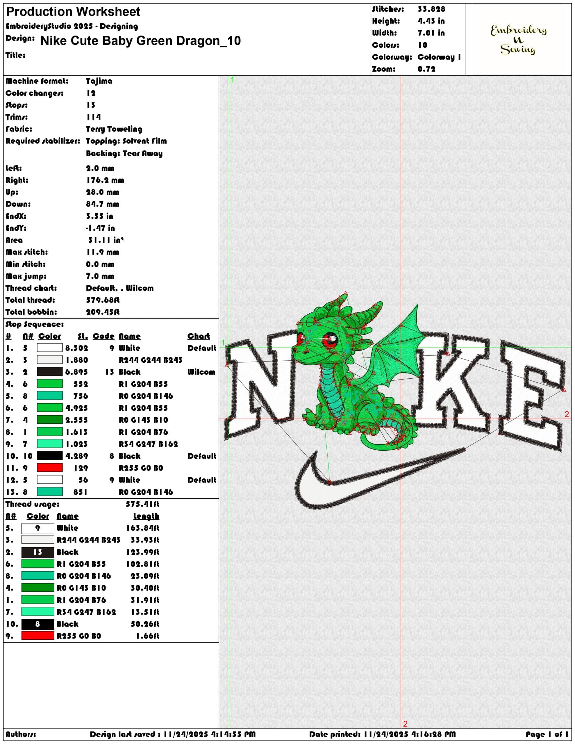 Nike Cute Baby Green Dragon - Elegant embroidery design file - instant download — view 3