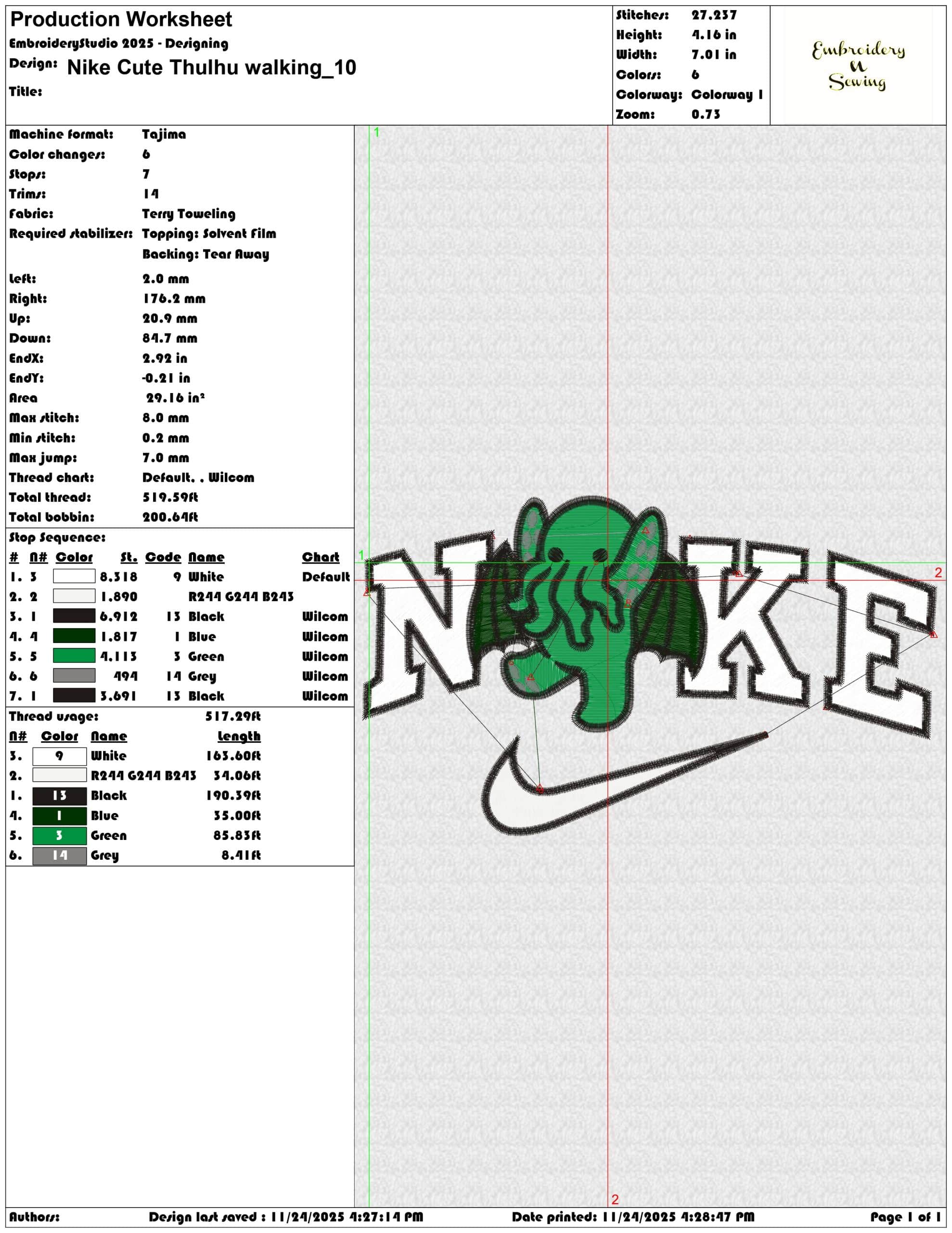 Nike Cute Thulhu walking - Elegant embroidery design file - instant download — view 3