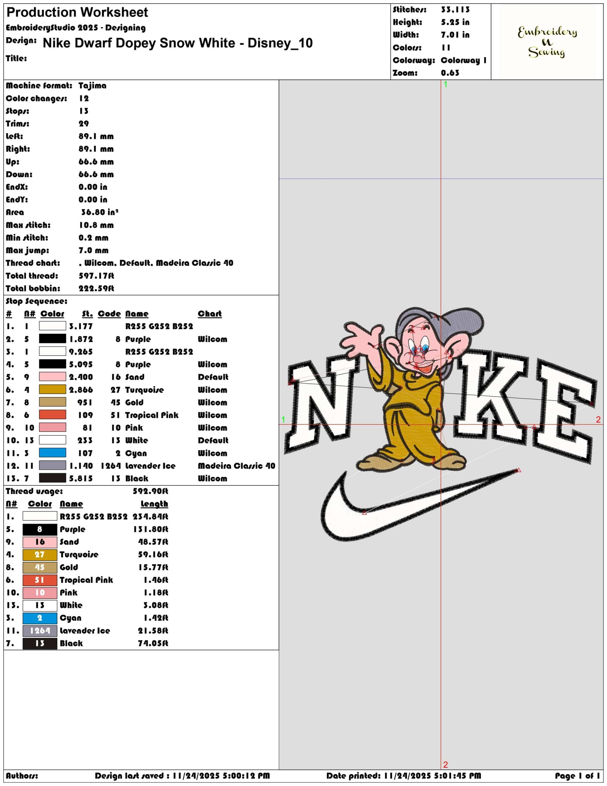 Nike Dwarf Dopey Snow White Disney - Elegant embroidery design file - instant download — view 3