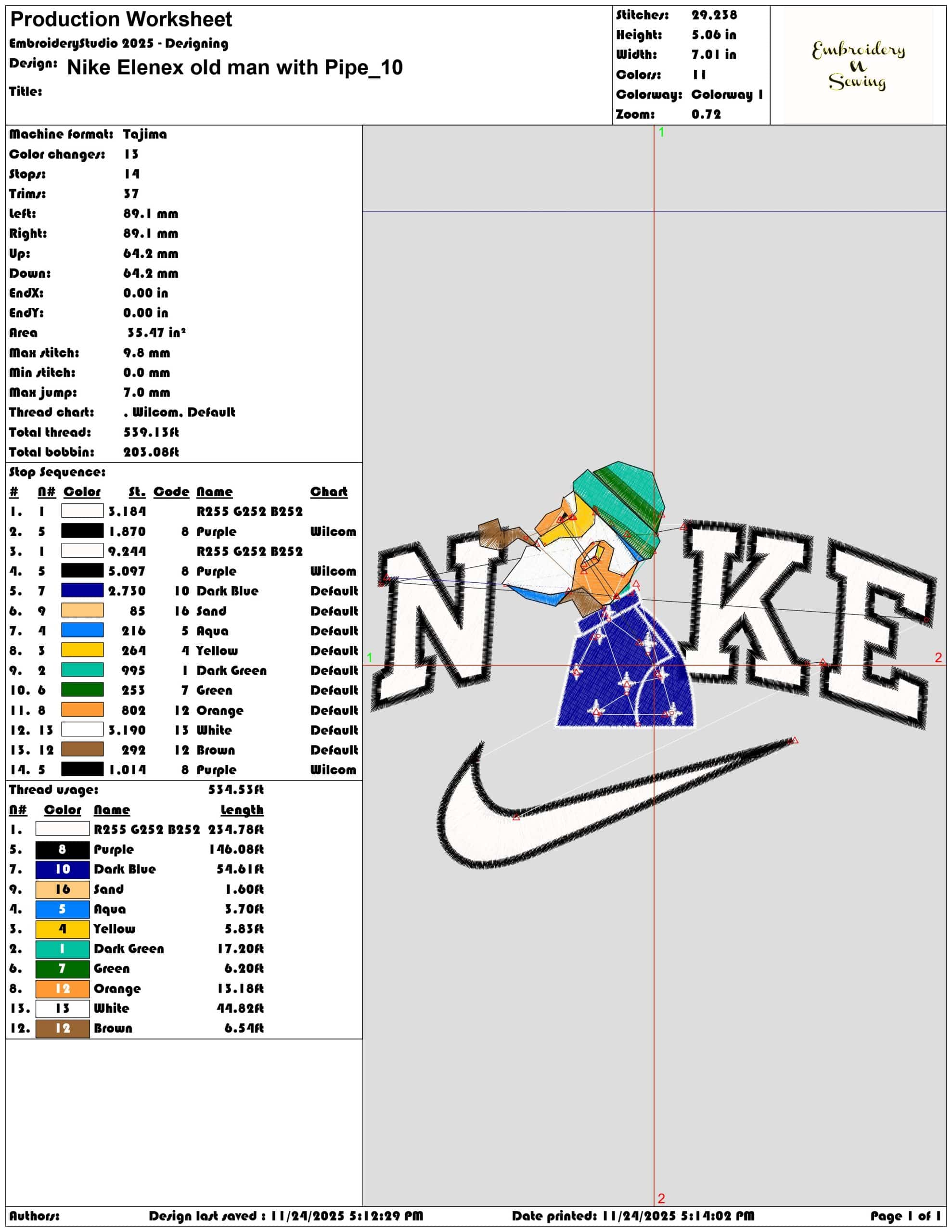 Nike Elenex old man with Pipe - Elegant embroidery design file - instant download — view 3