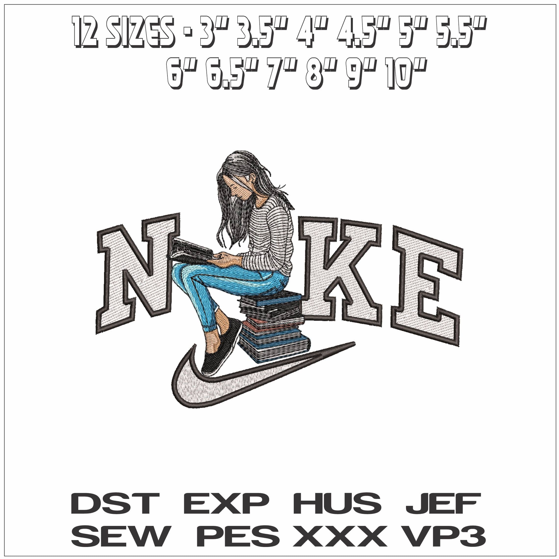 Nike Girl Sitting reading books- Elegant embroidery design file - instant download — view 2