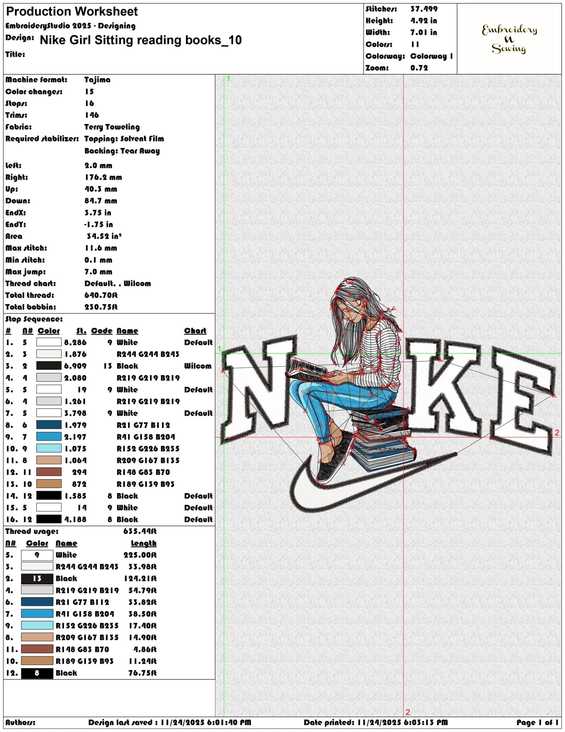 Nike Girl Sitting reading books- Elegant embroidery design file - instant download — view 3