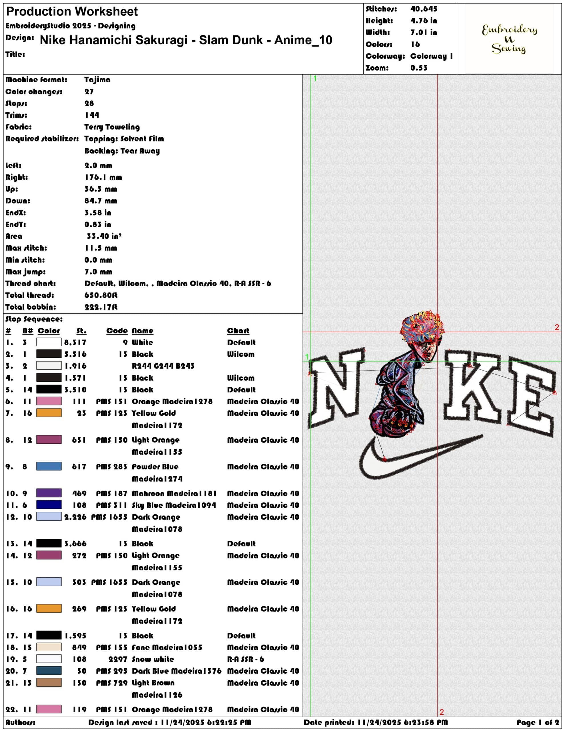 Nike Hanamichi Sakuragi Slam Dunk Anime- Elegant embroidery design file - instant download — view 3