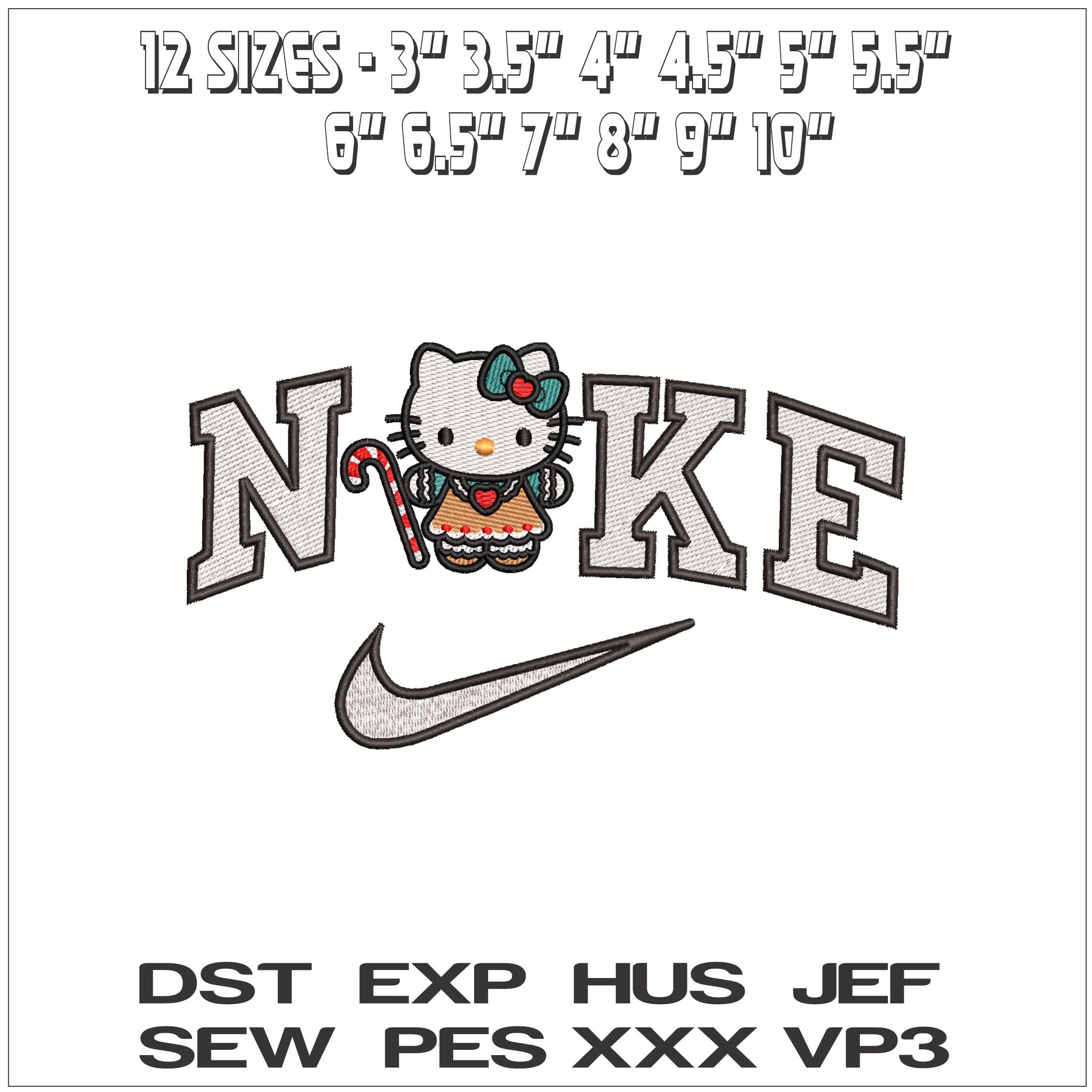 Nike Hello Kitty Christmas Candy Cane- Elegant embroidery design file - instant download — view 2