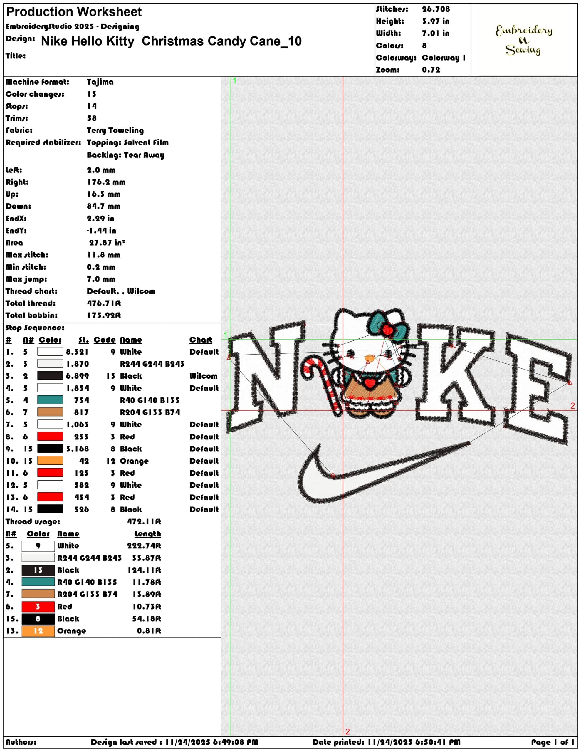 Nike Hello Kitty Christmas Candy Cane- Elegant embroidery design file - instant download — view 3