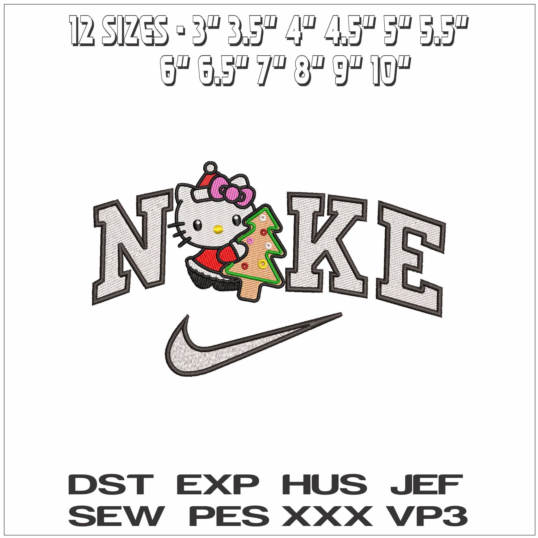 Nike Hello Kitty with Gingerbread Xmas Tree- Elegant embroidery design file - instant download — view 2
