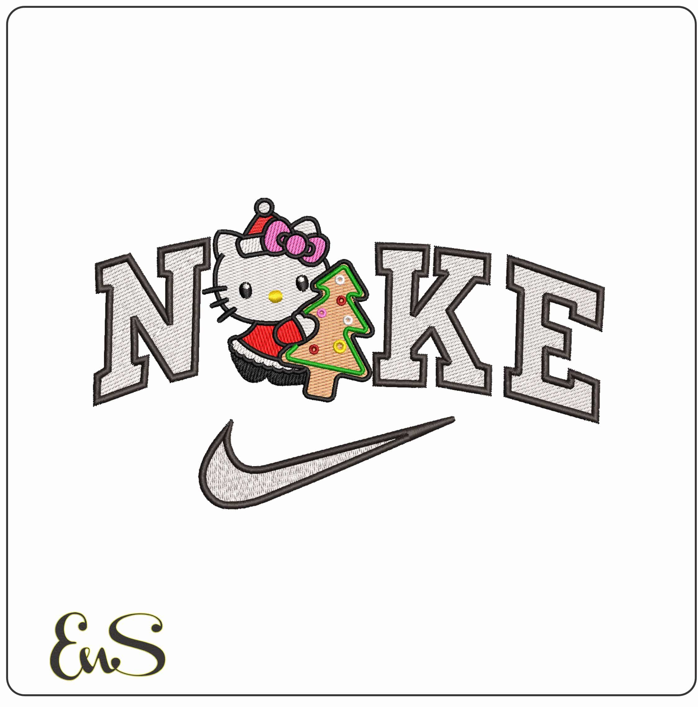 Nike Hello Kitty with Gingerbread Xmas Tree- Elegant embroidery design file - instant download