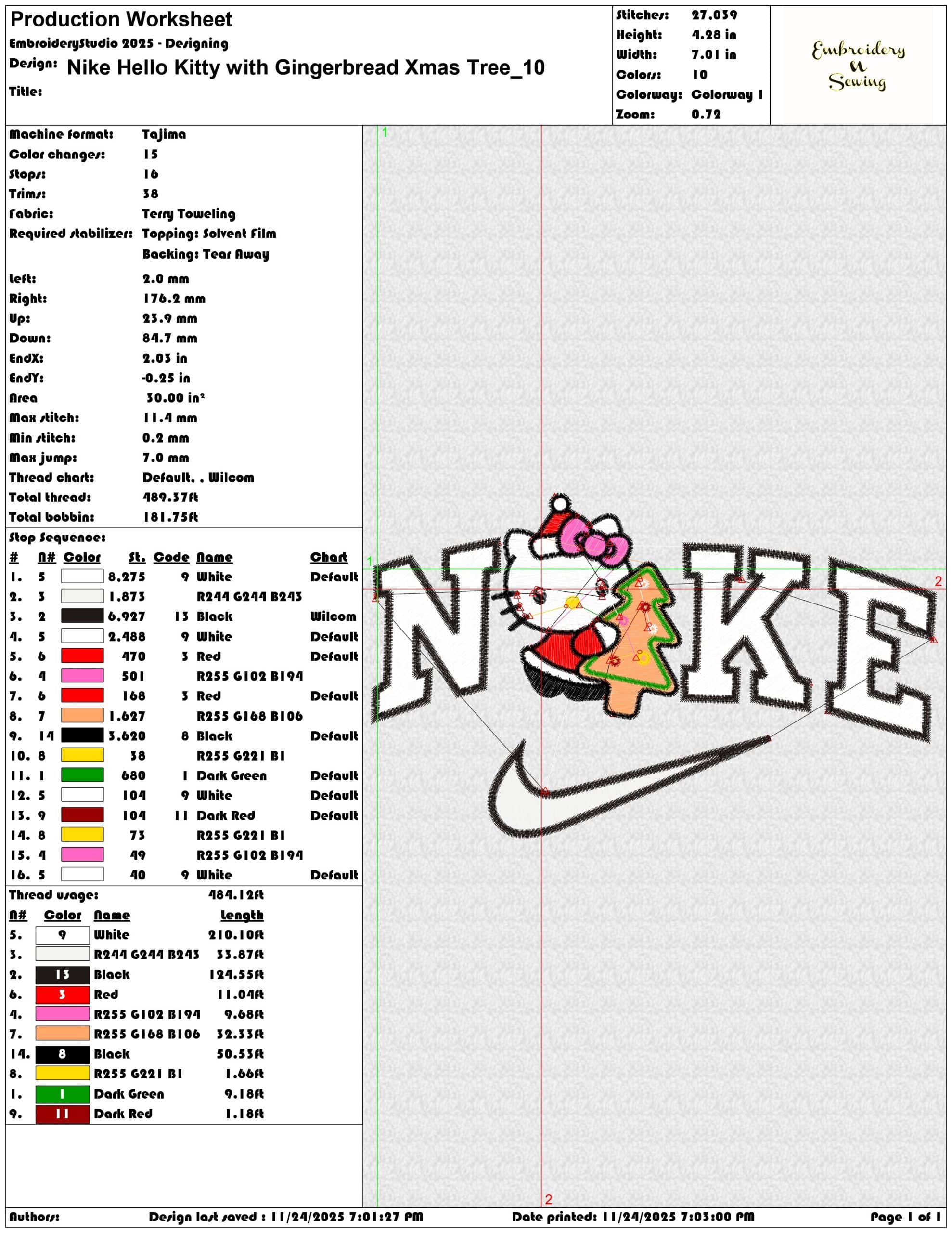 Nike Hello Kitty with Gingerbread Xmas Tree- Elegant embroidery design file - instant download — view 3