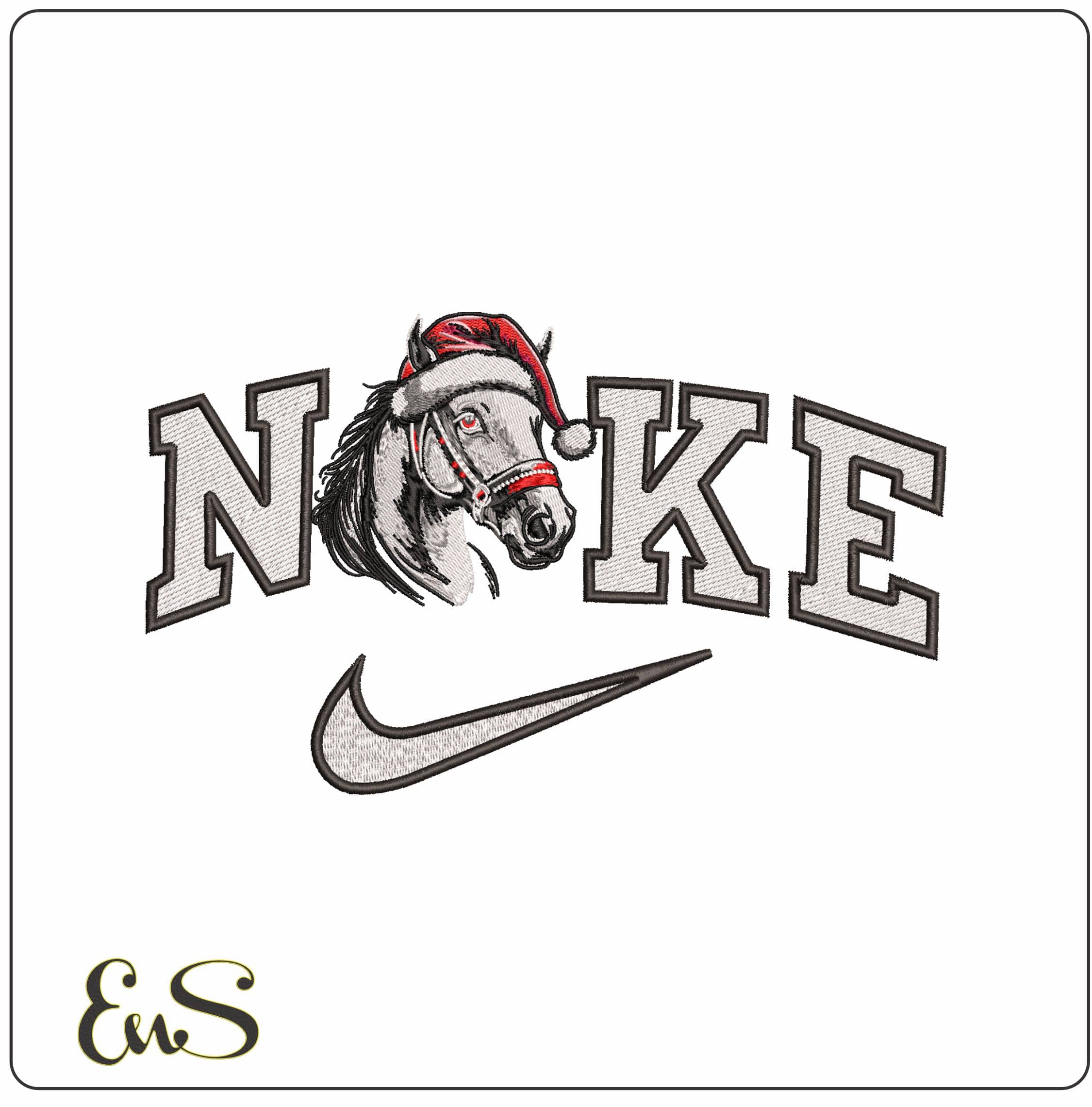 Nike Horse with Xmas Hat- Elegant embroidery design file - instant download