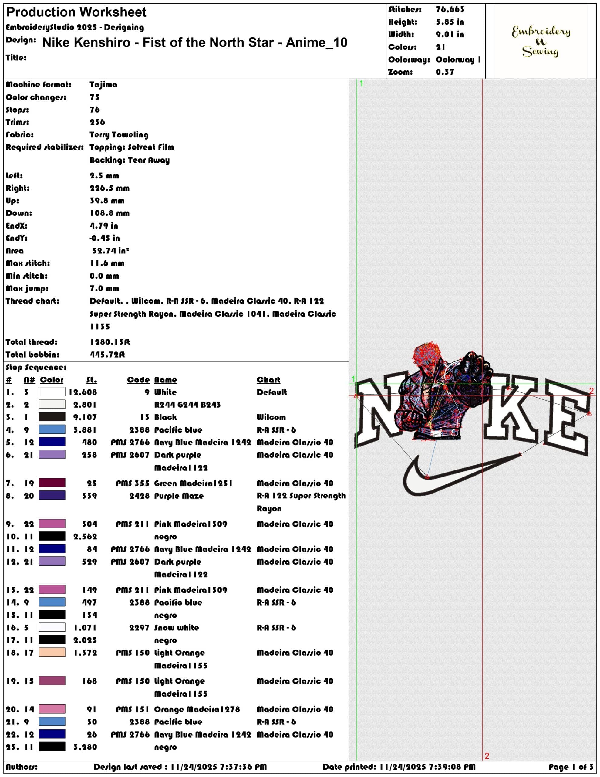 Nike Kenshiro Fist of the North Star Anime- Elegant embroidery design file - instant download — view 3