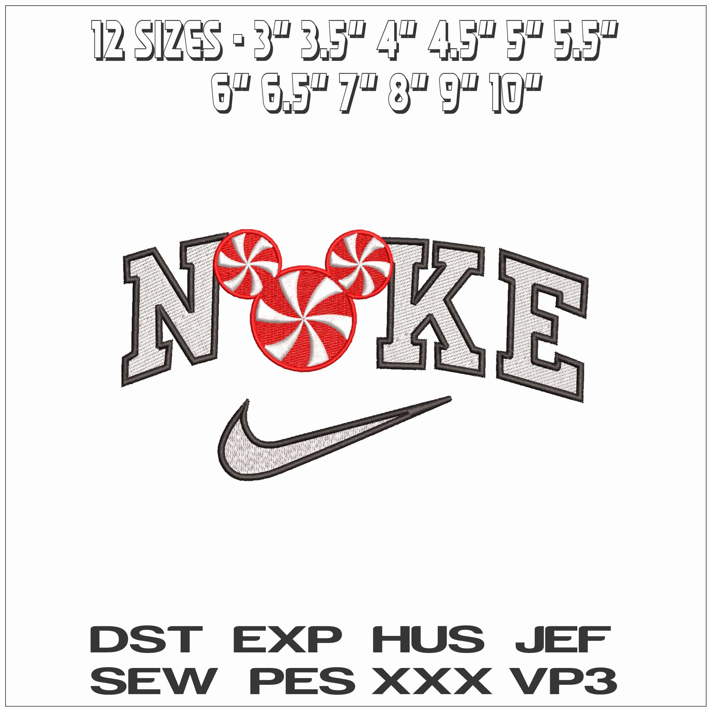 Nike Minnie Mouse head in Peppermints- Elegant embroidery design file - instant download — view 2