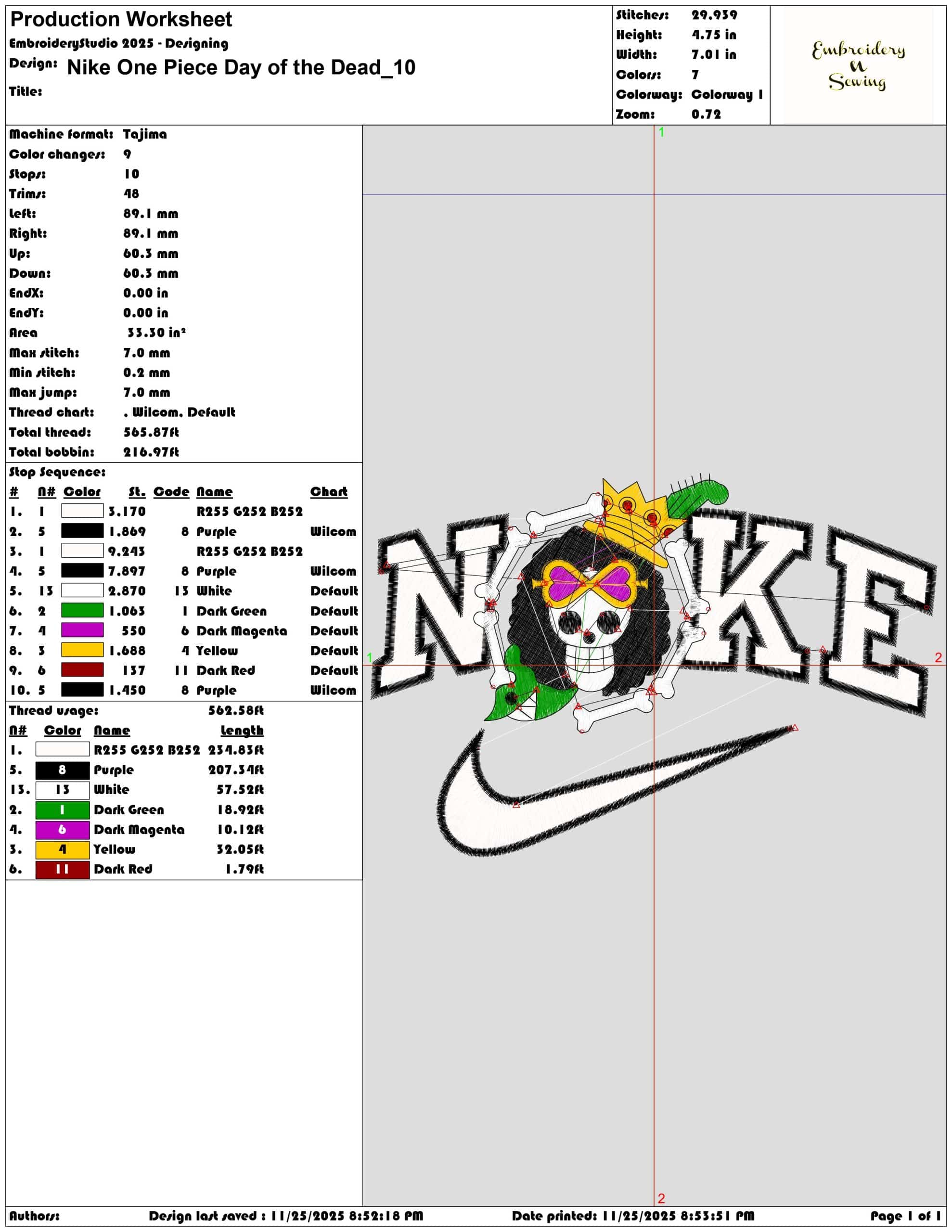 Nike One Piece Day of the Dead- Elegant embroidery design file - instant download — view 3