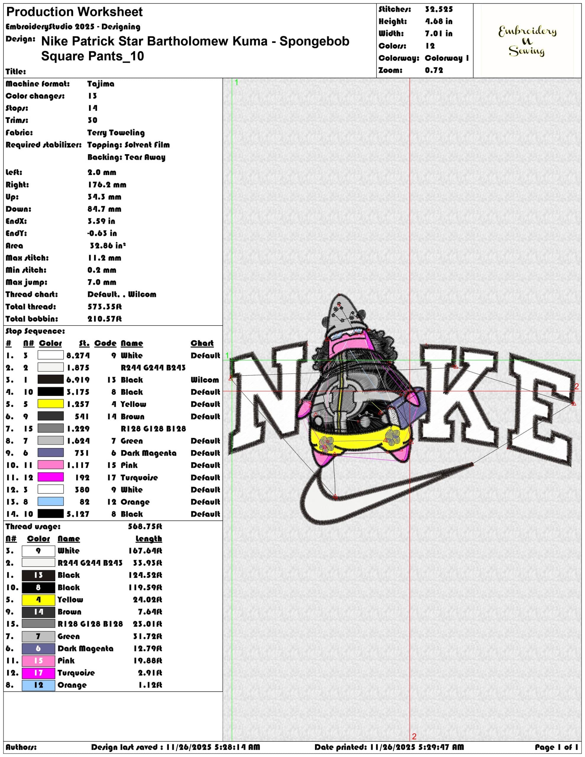 Nike Patrick Star Bartholomew Kuma Spongebob Square Pants- Elegant embroidery design file - instant download — view 3