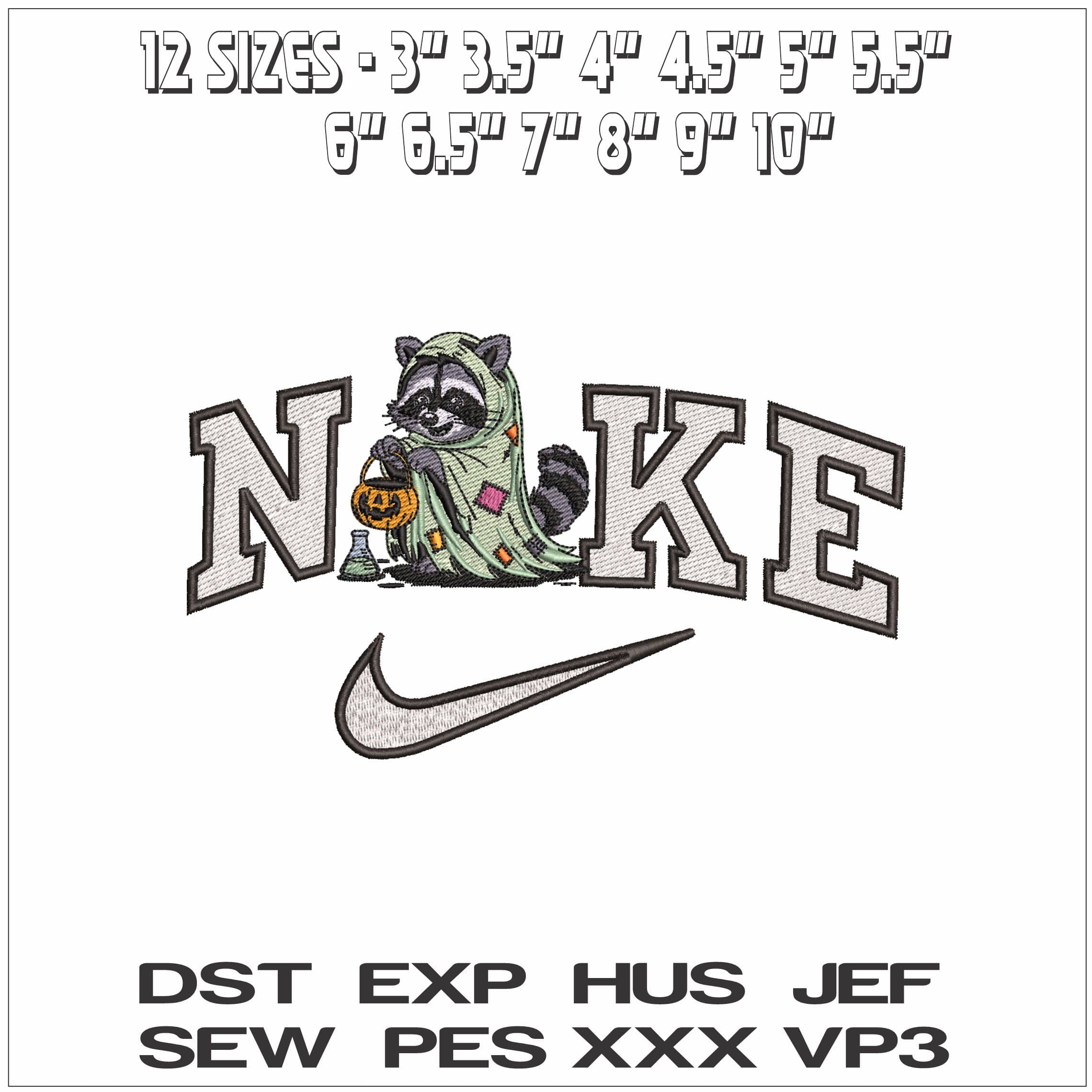 Nike Racoon Ghost Trick or Treat and Poison- Elegant embroidery design file - instant download — view 2