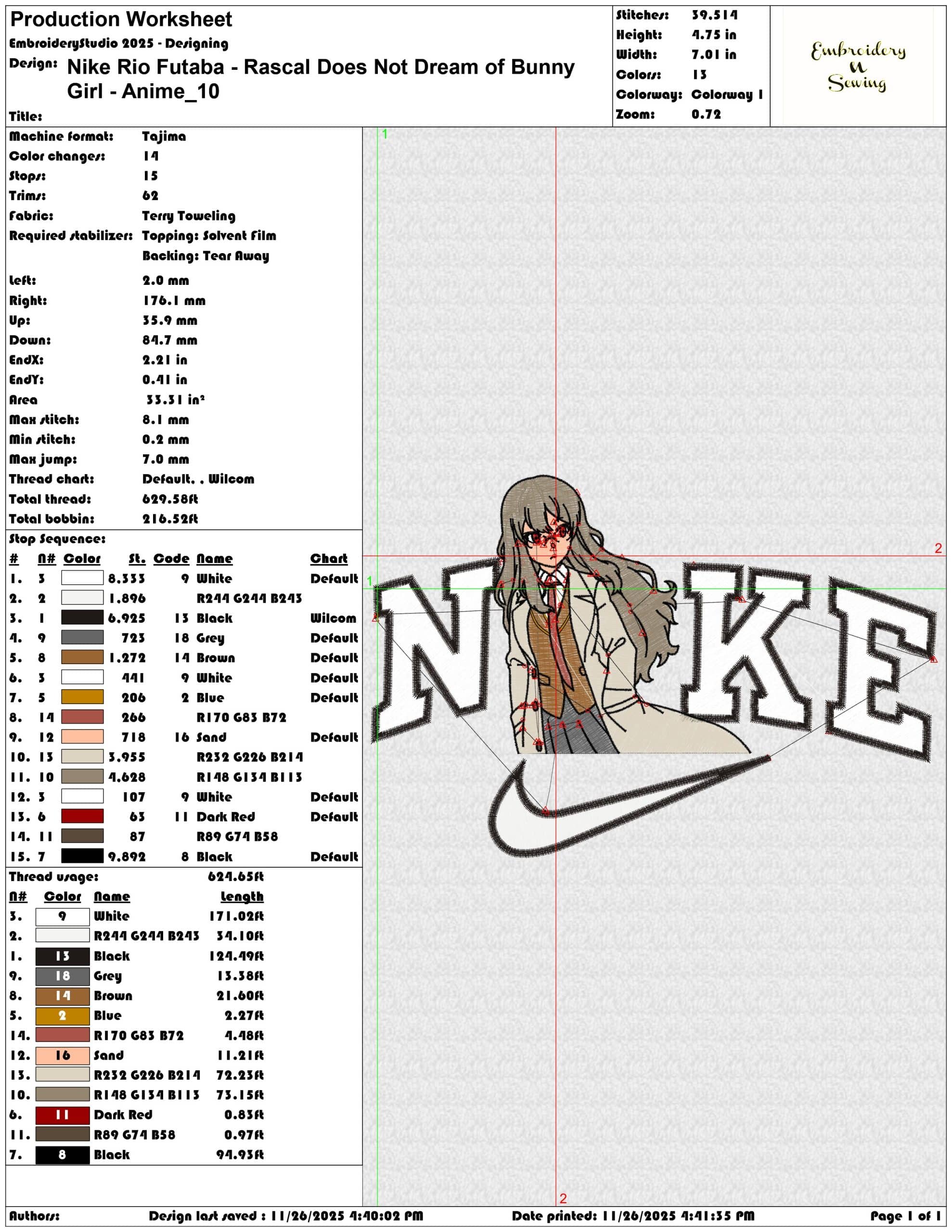 Nike Rio Futaba Rascal Does Not Dream of Bunny Girl Anime- Elegant embroidery design file - instant download — view 3