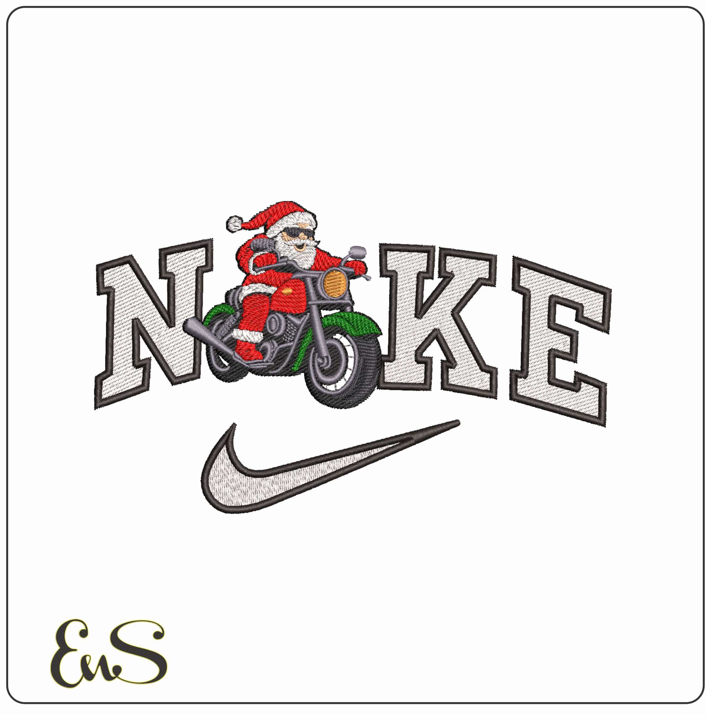 Nike Santa Charging on a Motorbike- Elegant embroidery design file - instant download