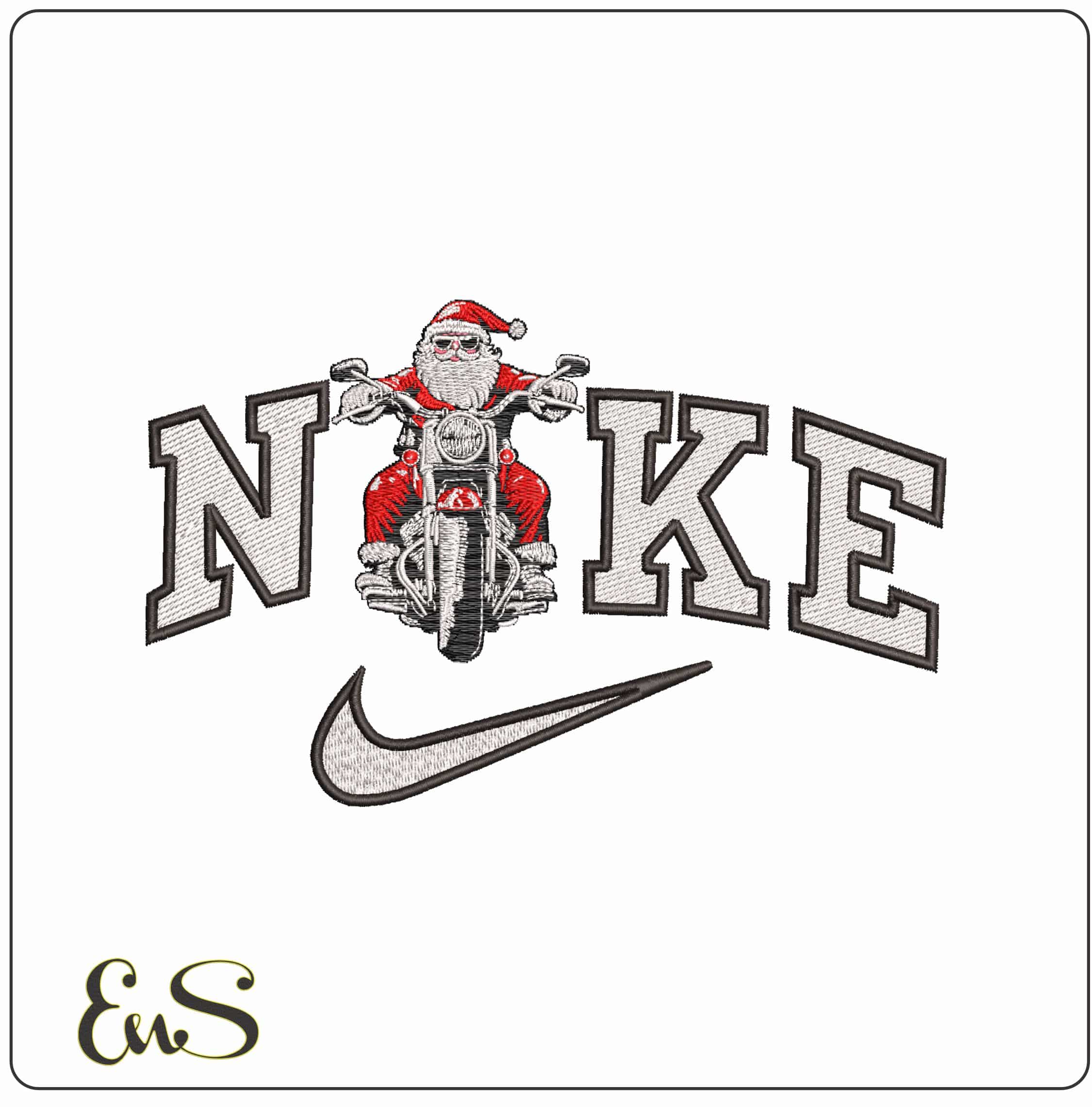 Nike Santa on a Motorbike- Elegant embroidery design file - instant download