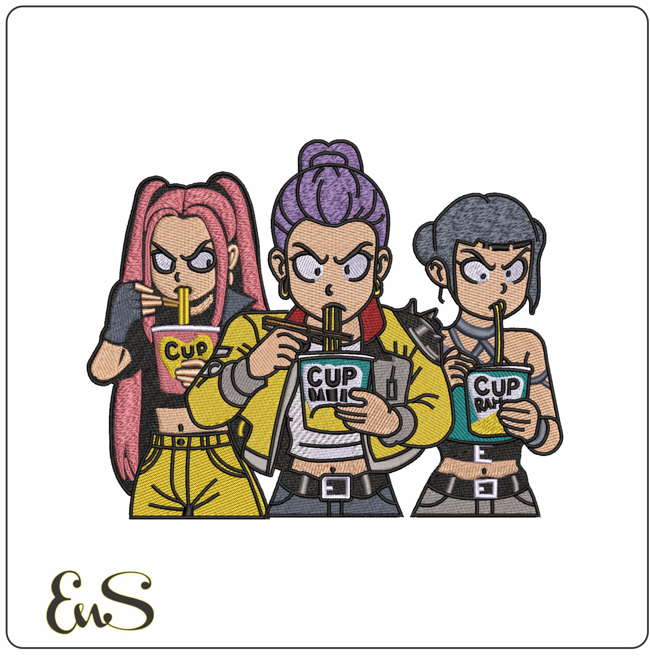 HuntrIx Girls Eating Noodles- Elegant embroidery design file - instant download