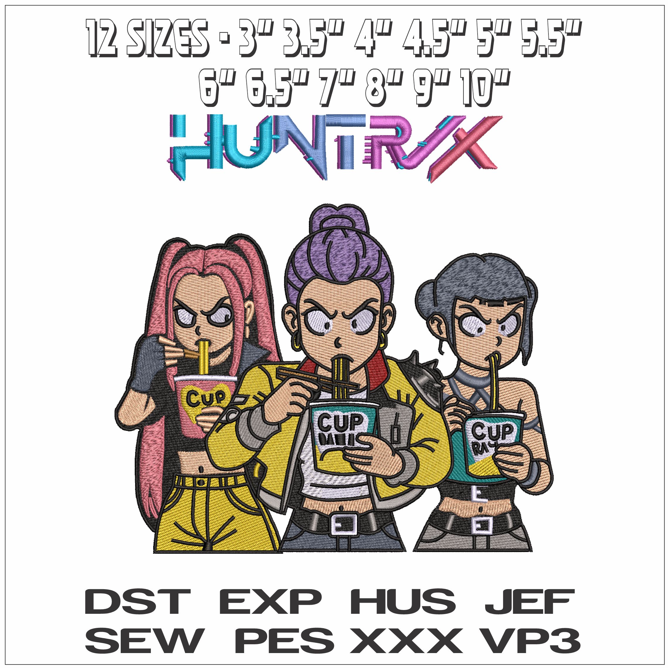 HuntrIx Girls Eating Noodles with Logo- Elegant embroidery design file - instant download — view 2